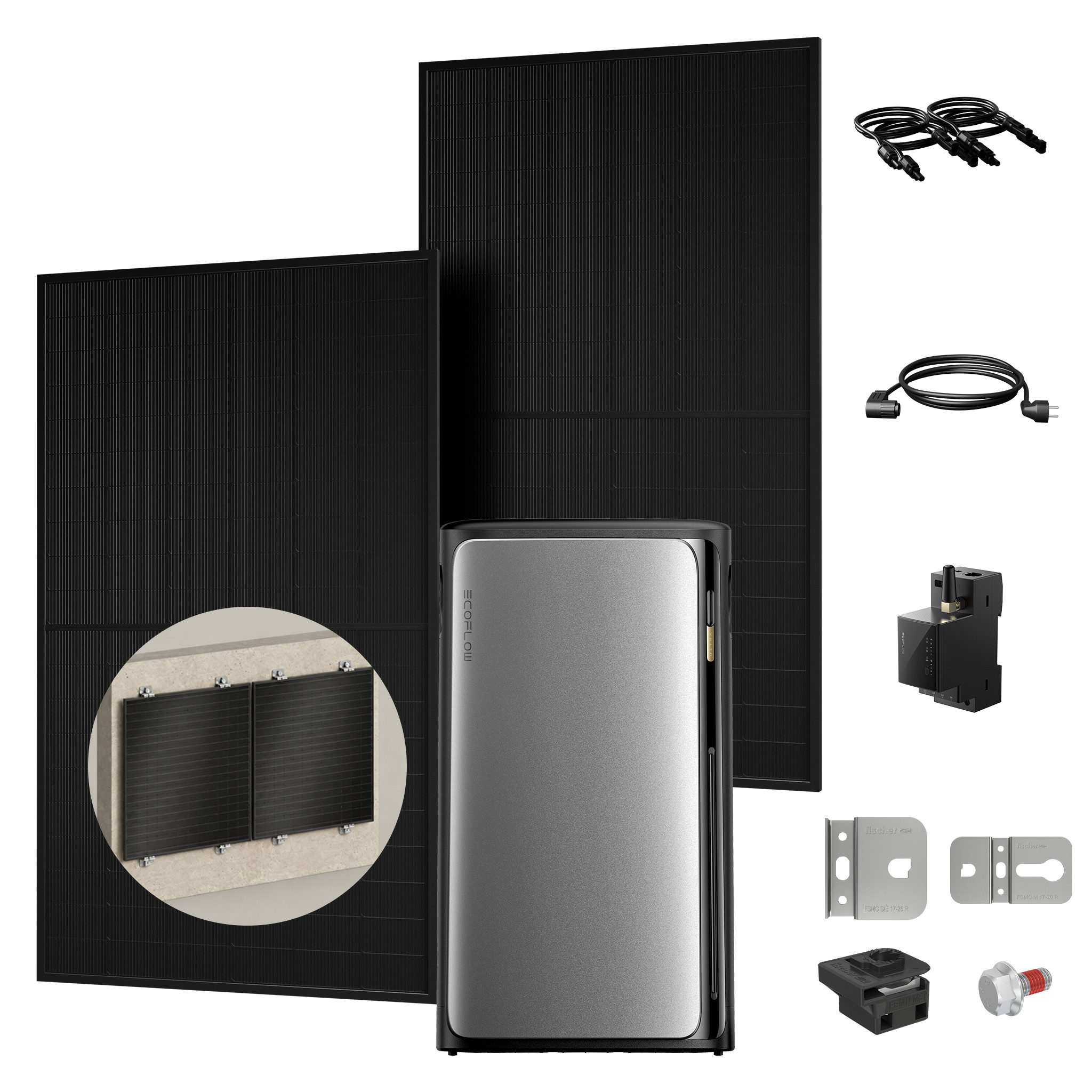 Ecoflow Balkonkraftwerk 1000W PV-Komplettset mit EcoFlow STREAM Ultra& Smart Meter, (All-in-One Speicher, mit 2×500W Solarmodulen und Fassadenhalterung), 2000 W Solareingang (4 MPPTs) mit integriertem Mikro-Wechselrichter