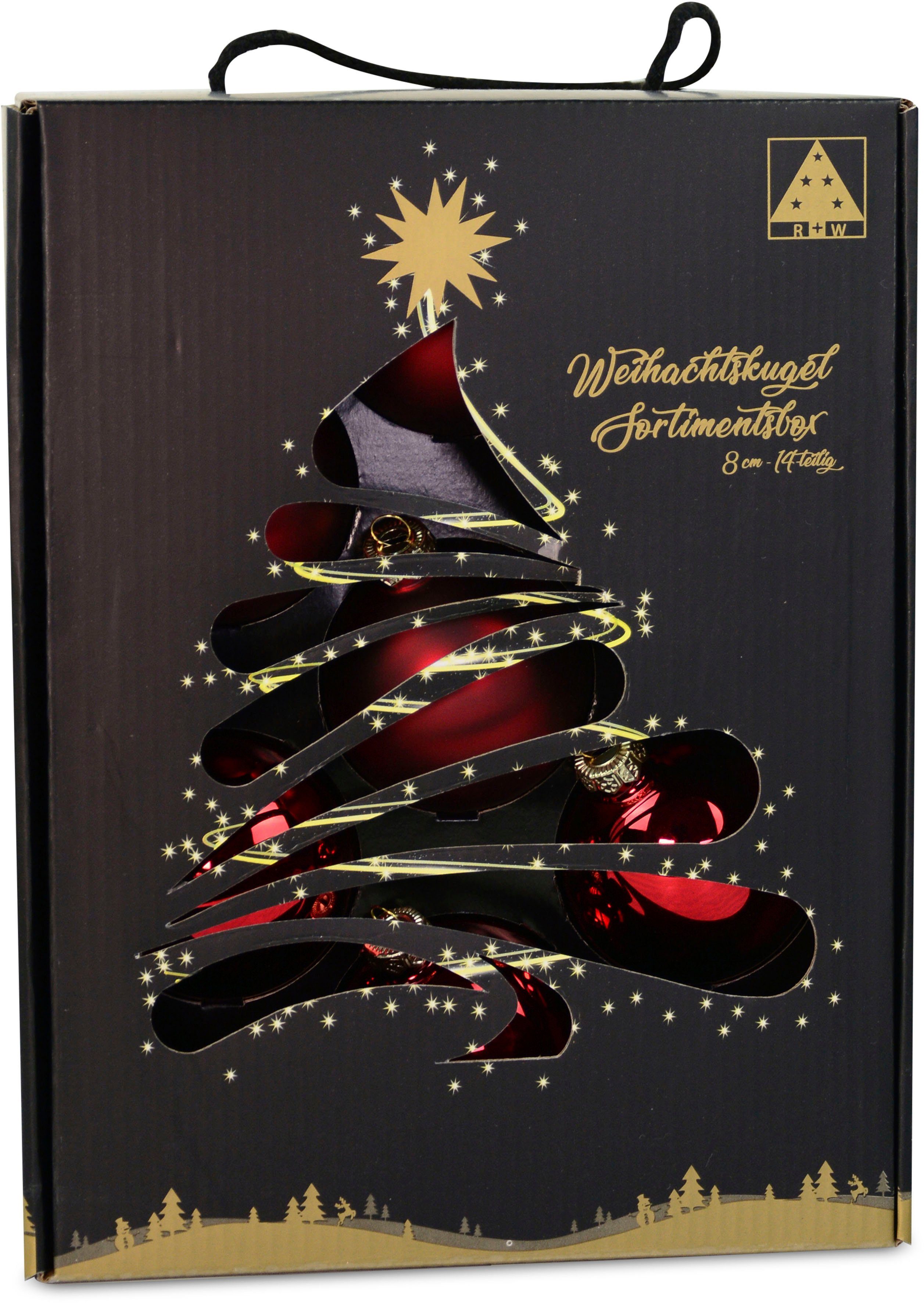 RIFFELMACHER & WEINBERGER Weihnachtsbaumkugel Weihnachtsdeko, Christbaumschmuck, Christbaumkugeln Glas, burgund (14 St), Ø ca. 8 cm, aus Glas, mit praktischer Aufbewahrungsbox