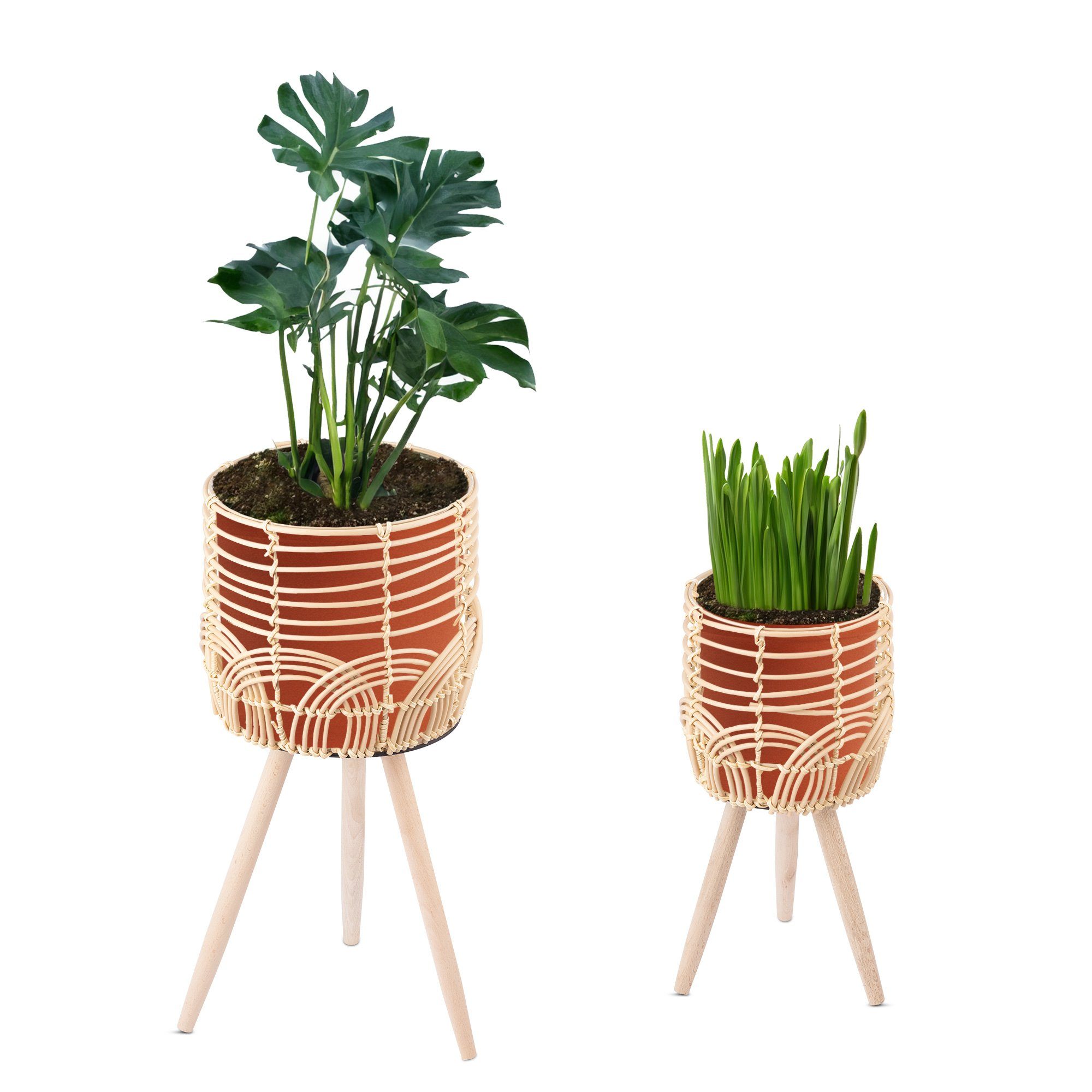 Navaris Blumentopf 2x Blumentopf mit Ständer im Rattan Look - Boho Blumentopfständer