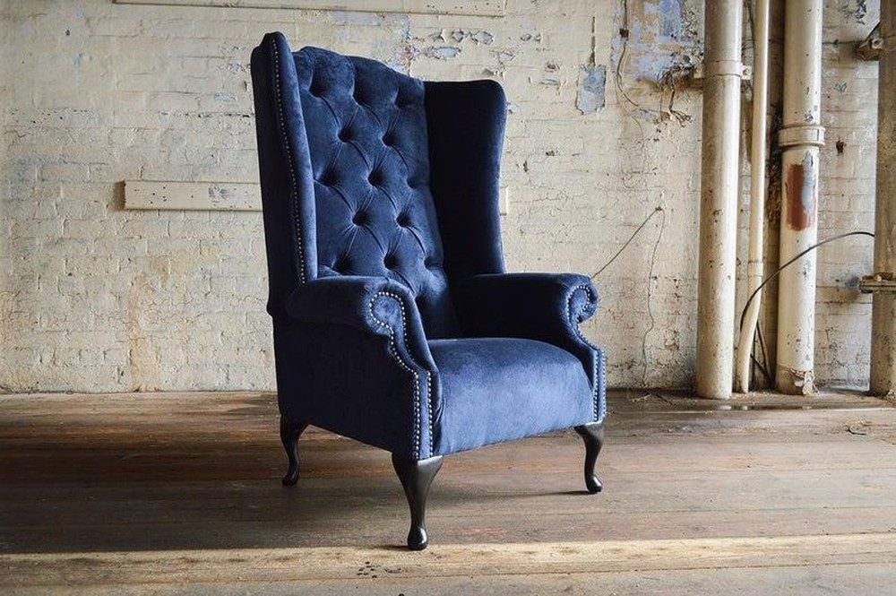Ohrensessel Luxuriöser blauer Chesterfield Sessel aus hochwertigen Stoffen