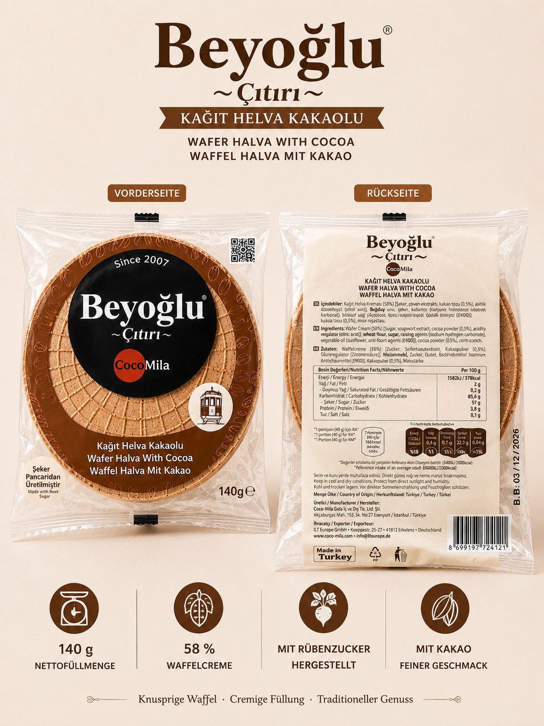 Beyoglucitiri Süßigkeit Kakao Waffel Halva 40 g – Knusprige türkische Süßigkeit mit Kakaocreme, 1 x 40 g, 1 St., Knusprige Waffelspezialität, Mit Kakao, Einzeln verpackt