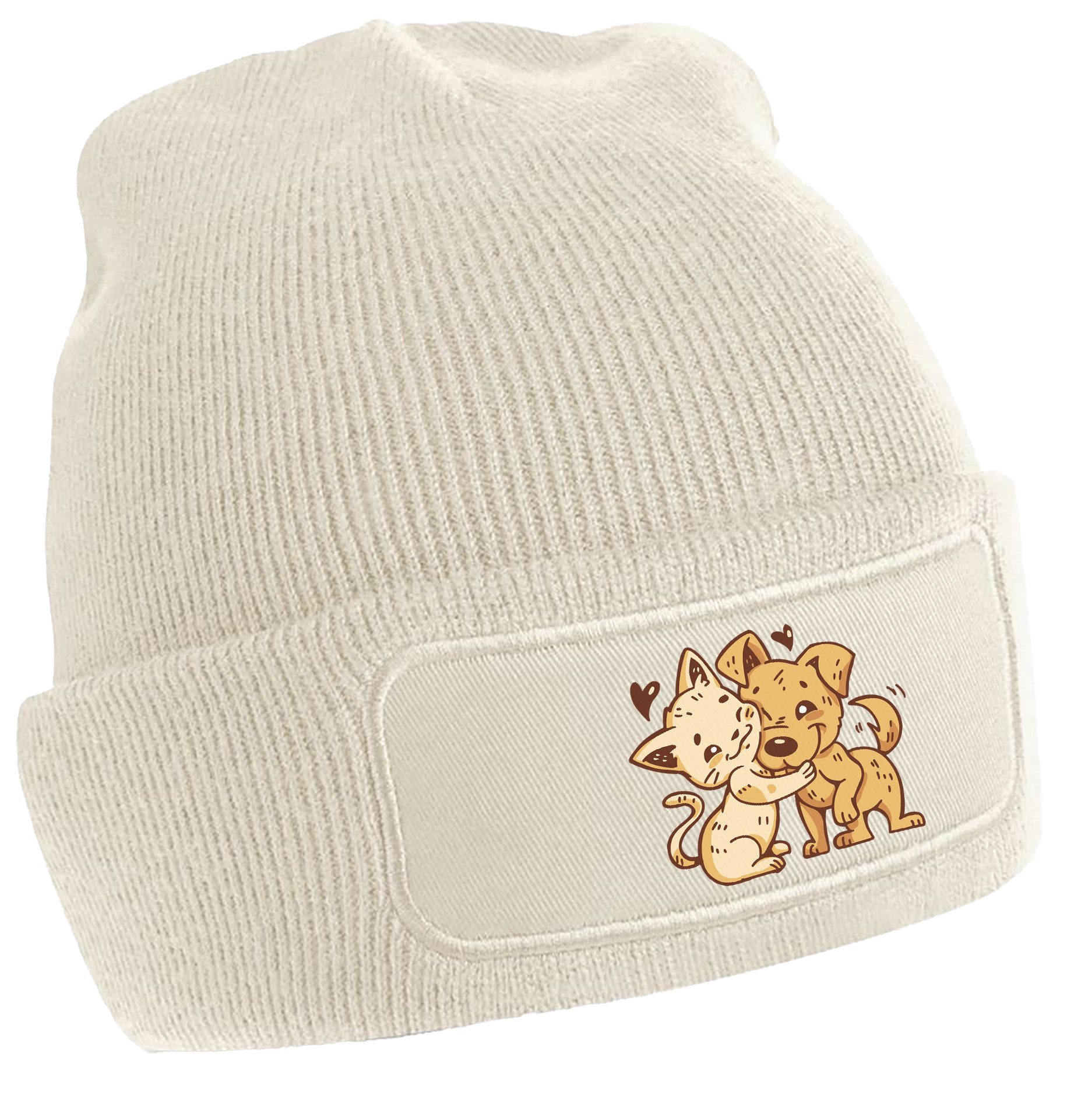 Strickmütze für kalte Tage - Beanie mit Hund und Katzen Print