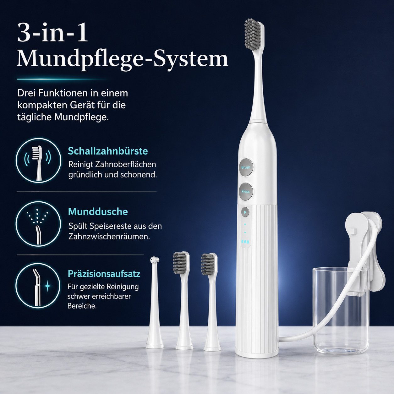 Tekoo Elektrische Zahnbürste mit Munddusche, 3in1 Zahnsteinentferner, IPX7, Aufsteckbürsten: 2 St., 7-teiliges Set, 3-in-1 Funktion (Schallzahnbürste, Munddusche, Zahnsteinentferner)