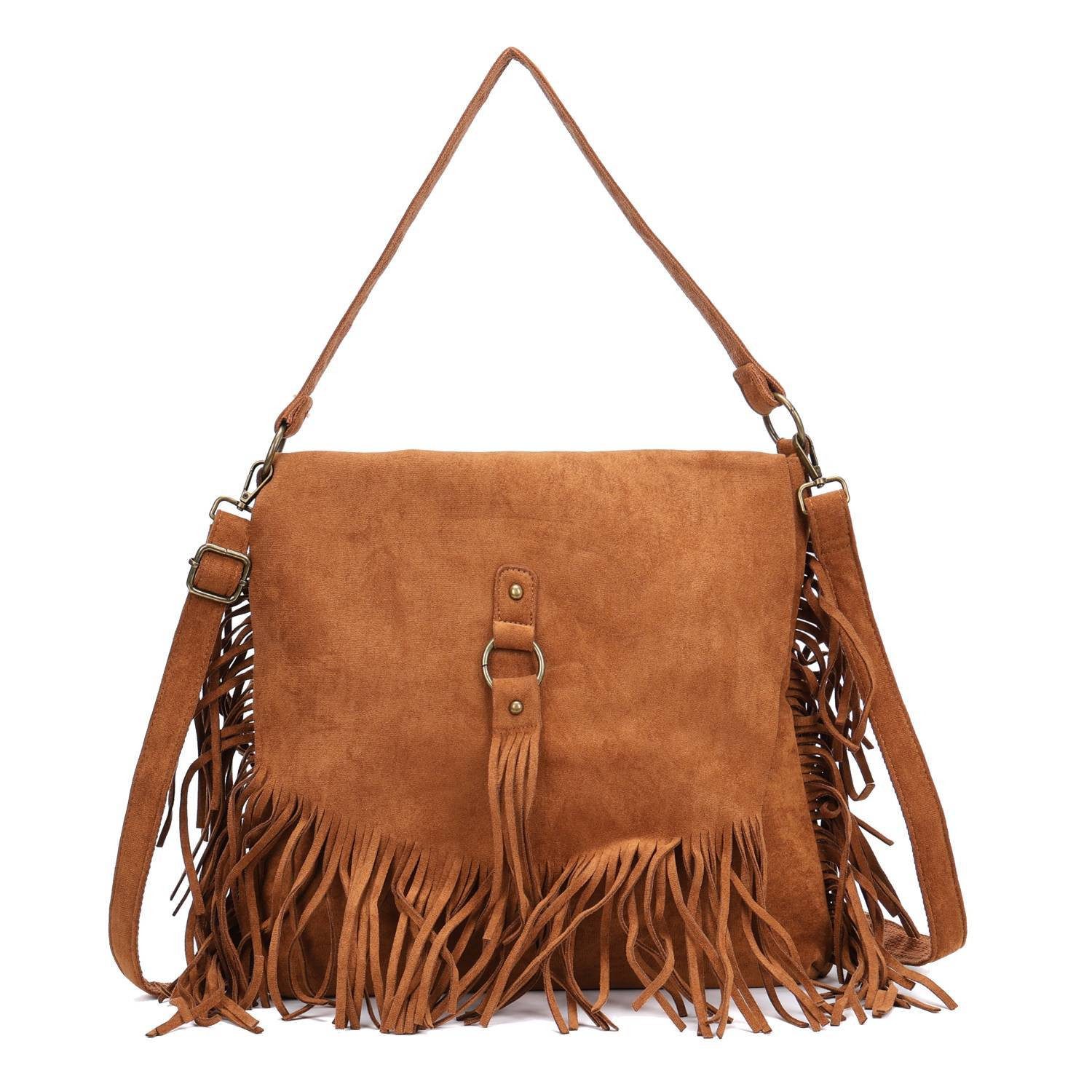 ITALYSHOP24 Schultertasche Damen Tasche Shopper Fransentasche Umhängetasche Boho Crossbody Reise, Fransen Messenger Wildleder Hobo City Bag Beuteltasche Henkeltasche
