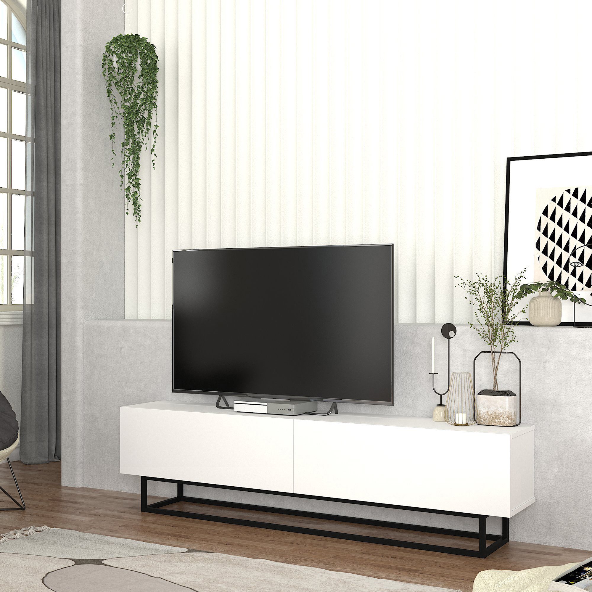 en.casa TV-Schrank »Nolven« kurzes Gestell 180 x 32 x 47 cm Weiß