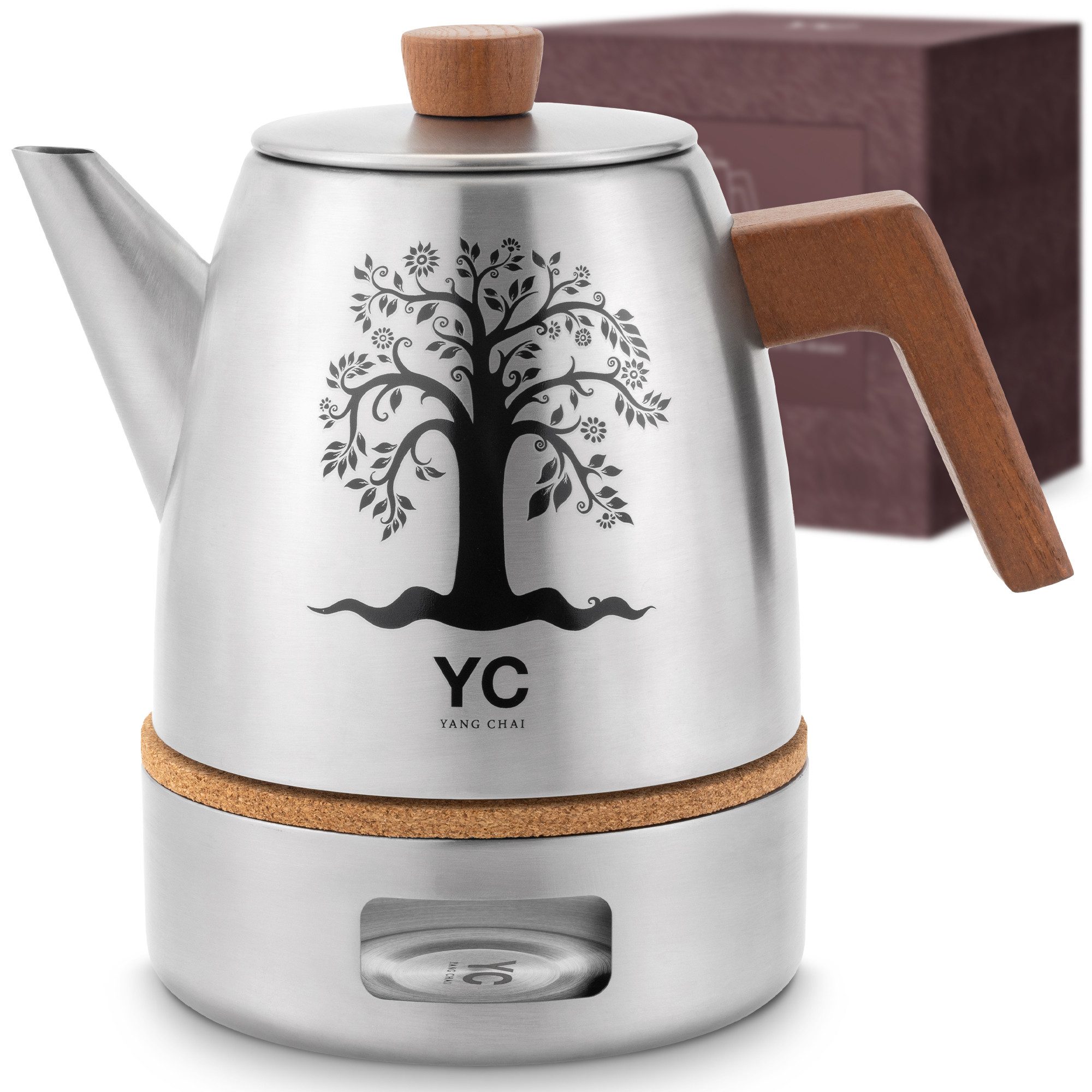 Yang Chai Teekanne Edelstahl mit Siebeinsatz 1,1L, (Doppelwandige Thermo Teekanne Edelstahl, Teebereiter mit Eichenholzgriffen), Tee Kanne 100% Tropffrei