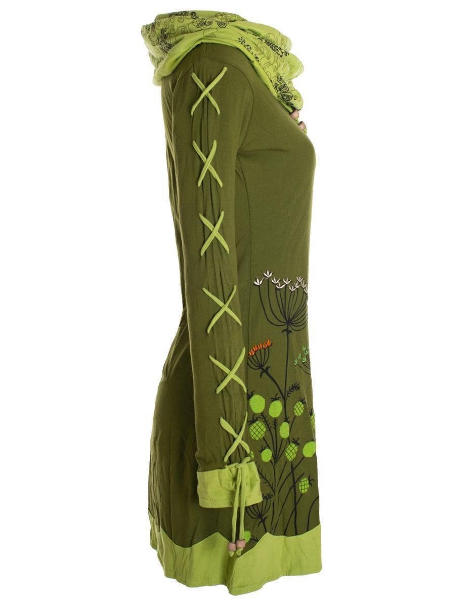 Langarm-Shirtkleid Jerseykleid Hippie, Style Blumenkleid Elfen Schalkragen Vishes Boho, olive mit