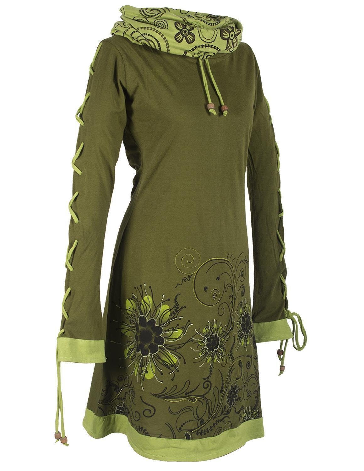 Midikleid Boho, Ethno, Schalkragen Style - Hippi, Blumen olive Kleid Vishes mit Bedrucktes Goa Schnüren