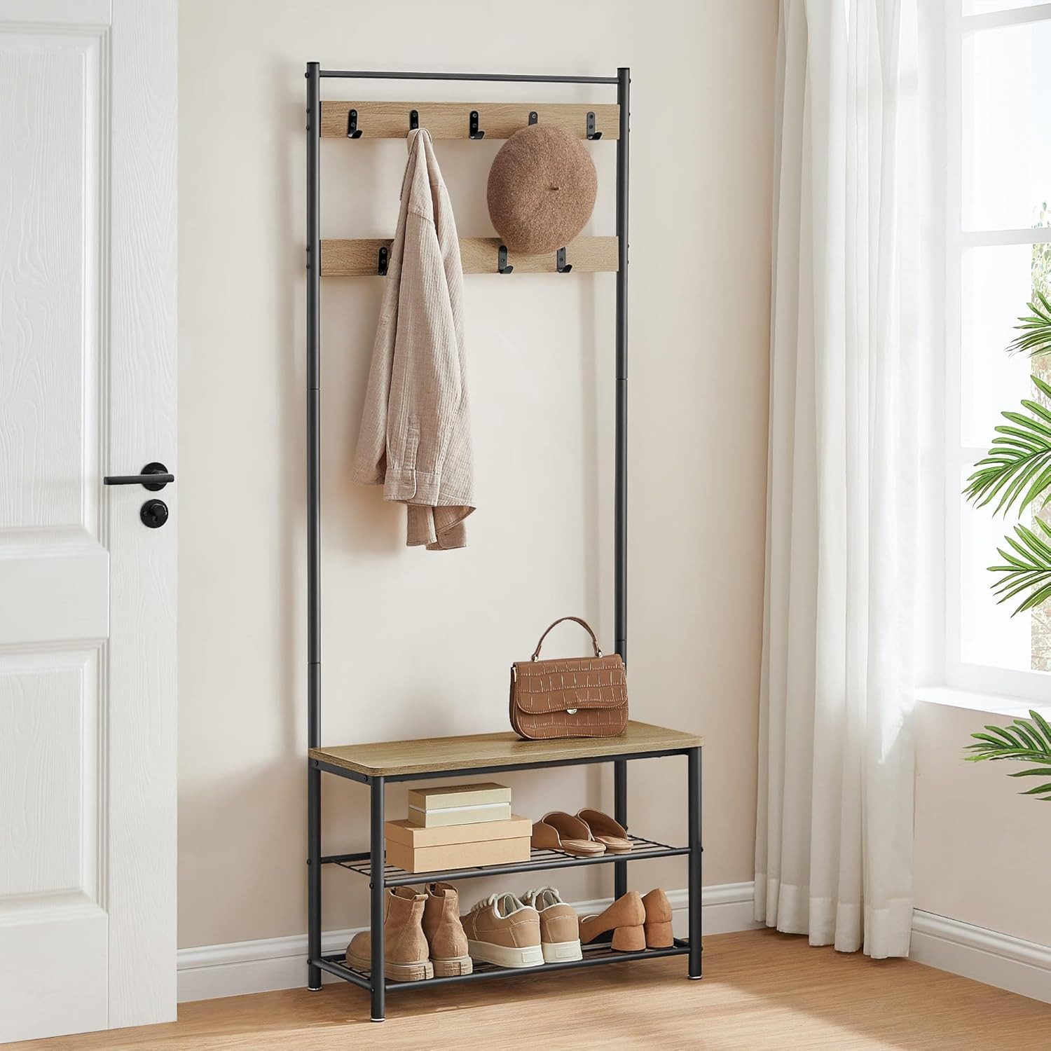 Best for Home TV-Rack Garderobenständer mit Sitz & Schuhablagen – Sonoma & Schwarz (Einzelartikel, 1 St., Einzelartikel), Sitzbank integriert, platzsparend