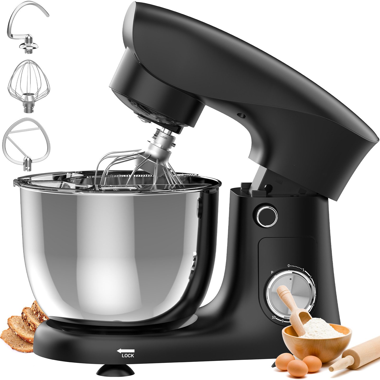 AIMAX Küchenmaschine Multifunktionale Knetmaschine, 10 Geschwindigkeit, 3 Aufsätze, 600 W, 5 l Schüssel, Edelstahlschüsseln, Rührhaken, …