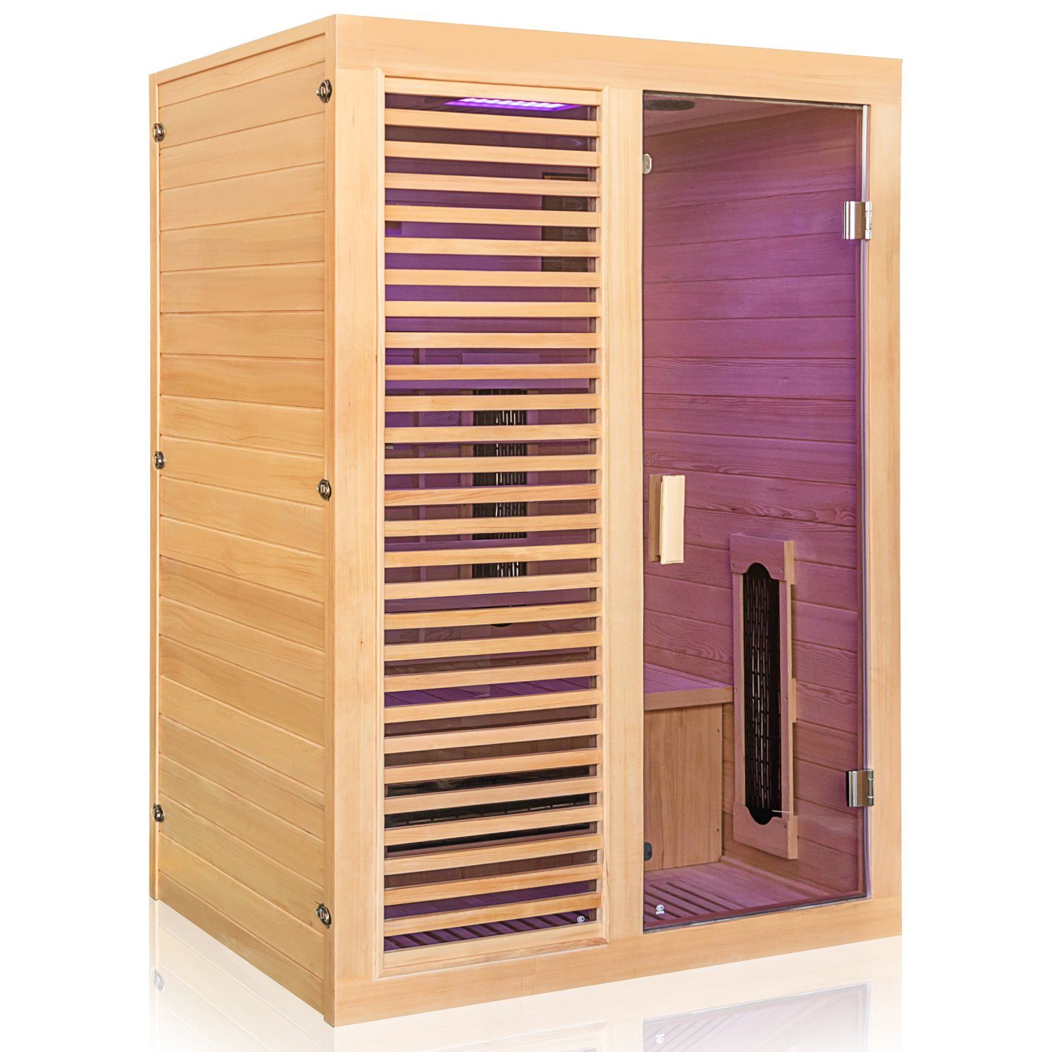 Dewello Infrarotkabine HAMLIN 130 Wärmekabine, für bis zu 2 Personen, 5 Keramikstrahler, BxTxH: 130 x 105 x 190 cm, (Farblichttherapie, Ionisator mit Ozondesinfektion und Aromatherapie) Sauna aus Hemlock-Tannenholz, leichter Aufbau dank Stecksystem
