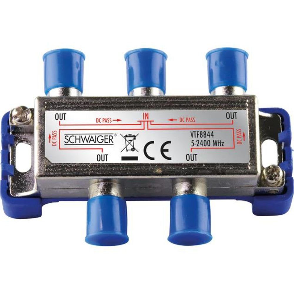Schwaiger 4-fach Verteiler (9 dB) Flachantenne (für Kabelanlagen, Antennenanlagen, Satellitenanlagen, silber/blau)