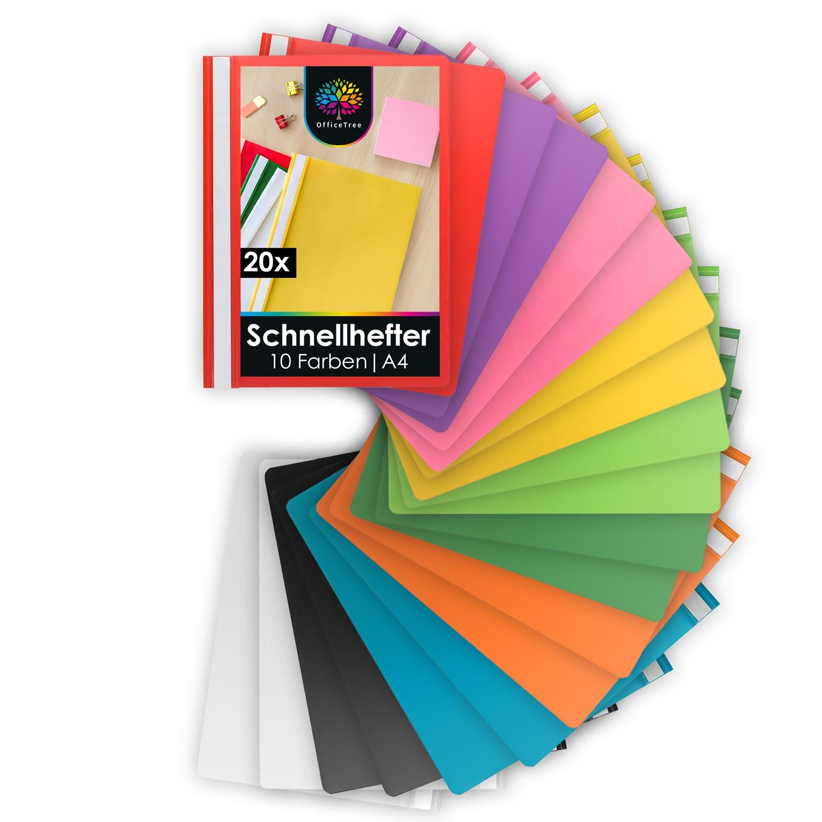 OfficeTree Schulheft 20x Schnellhefter A4 Set - 10 Farben, DIN A4 - mit Sonderfarben