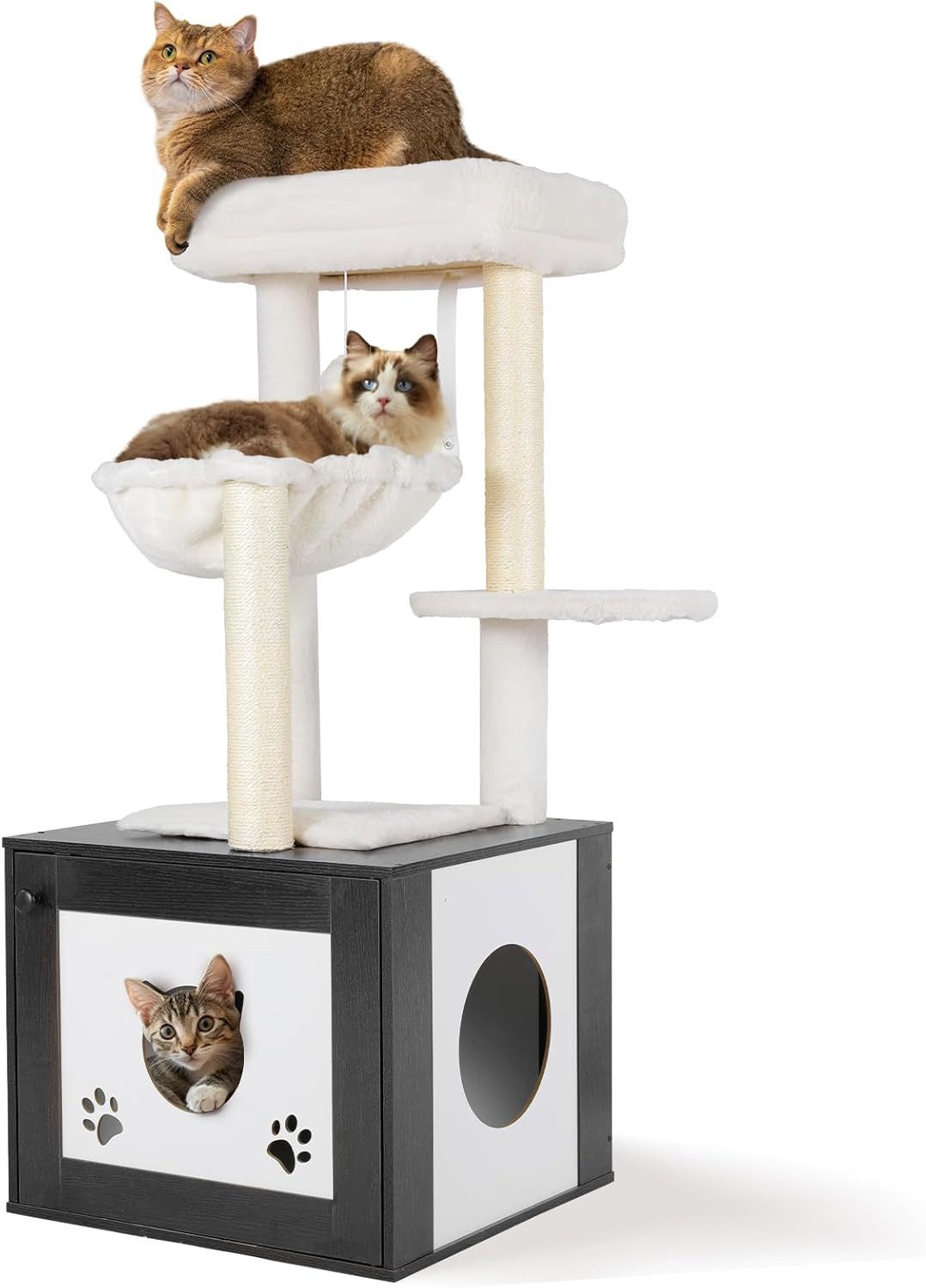 TLGREEN Kratzbaum mit Katzenkloschrank,3-in-1 Katzenmöbel, 119 cm Hoch Kratzbaum Holz,Waschbare Plüschkissen
