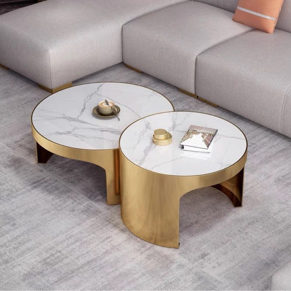 Couchtisch edles Beistelltisch 2er Set Couchtisch mit weißer Marmor Optik 80cm