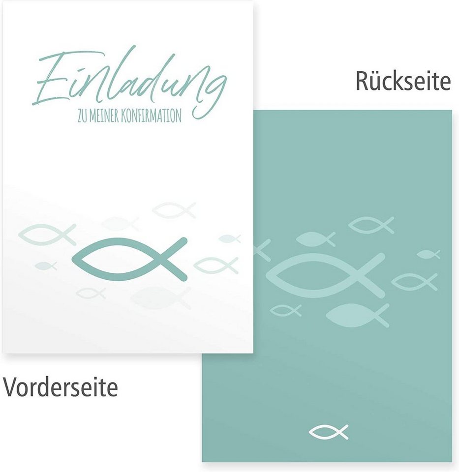 Thumbnail - itenga Grußkarten itenga 6x Klappkarten Fisch türkis Einladung zur Konfirmation inkl. Um
