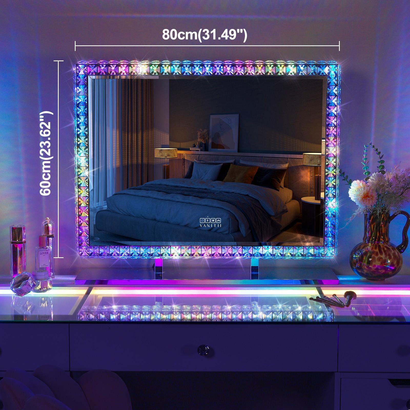 FENCHILIN Schminkspiegel mit umlaufender LED-Lichtleiste und Strasssteinen, 80 x 60 x15 cm (1-St), Bluetooth-Lautsprecher, USB-Ladeanschluss, Facettenschliff-Rahmen
