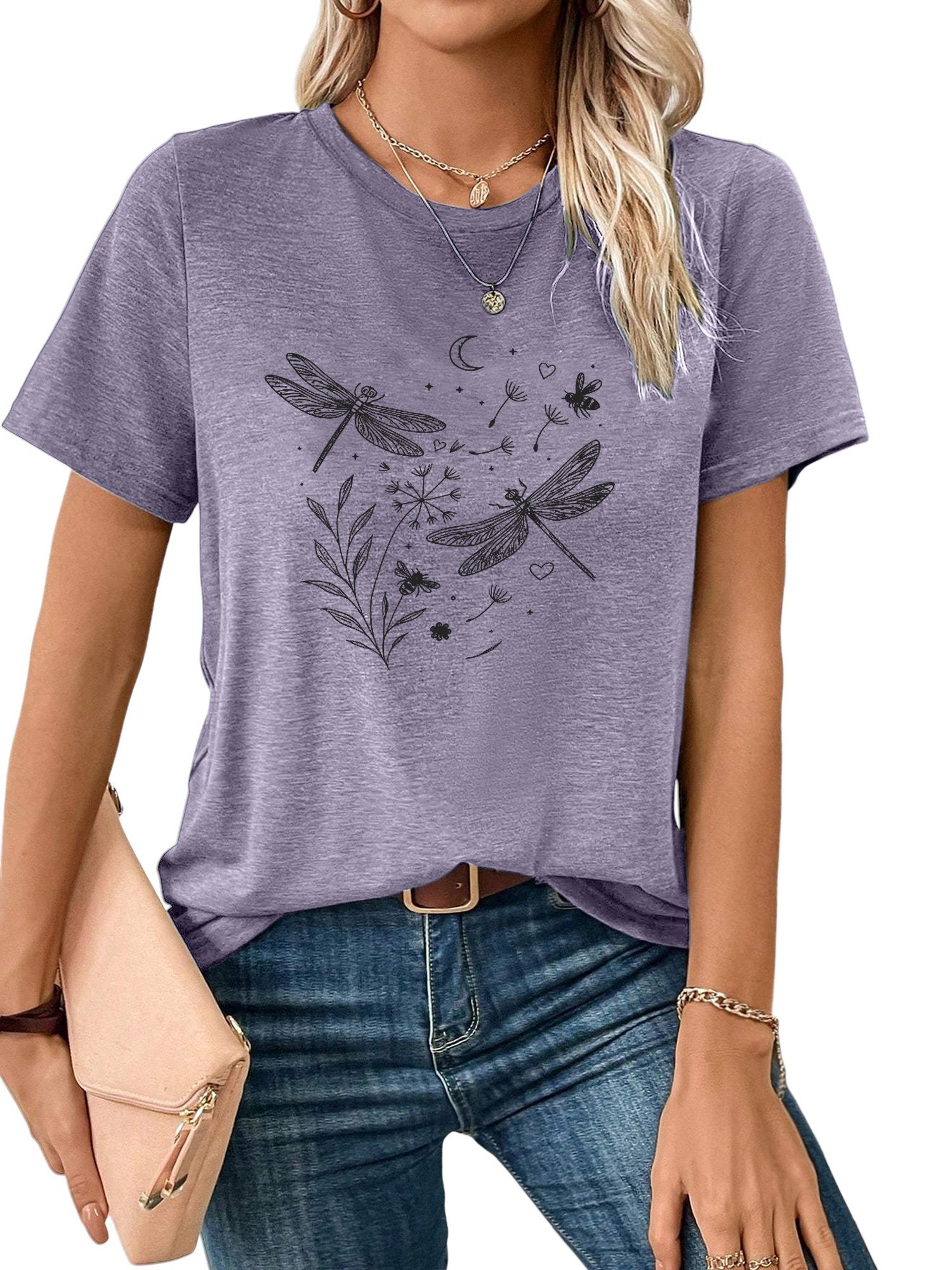 PYLIKE Rundhalsshirt Damen bequemes Sommer Kurzarmbluse Locker Libelle Print-Shirt Bequem für Freizeit und Büro,Strandurlaub