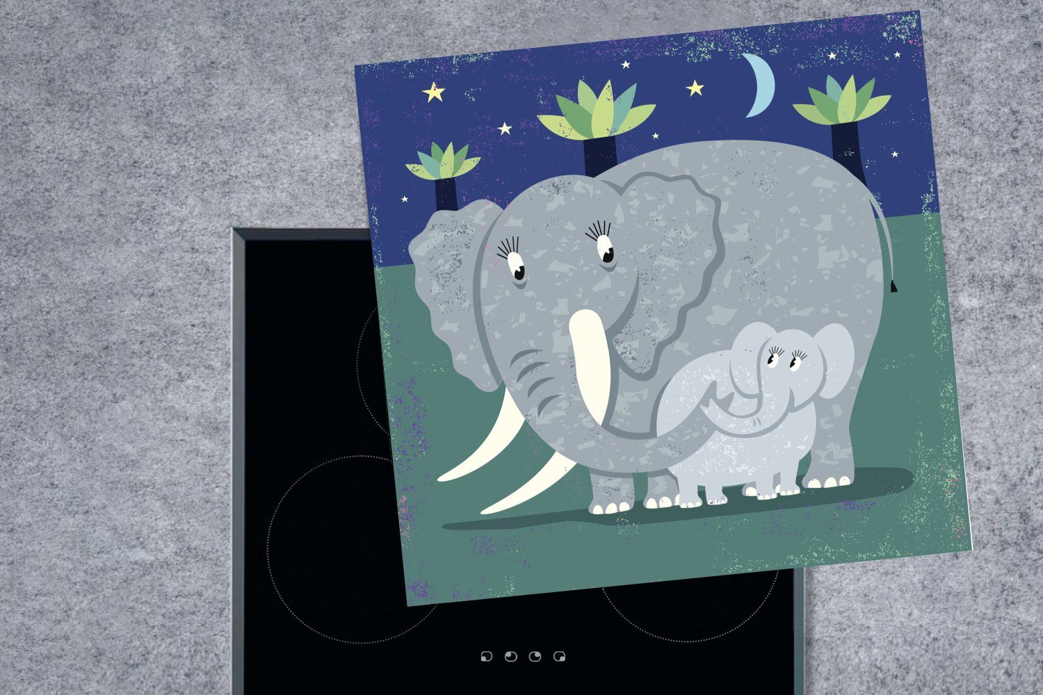 Illustration 78x78 Elefantenbaby, mit Elefanten Vinyl, eines Arbeitsplatte küche für (1 tlg), einem Ceranfeldabdeckung, Eine großen Herdblende-/Abdeckplatte MuchoWow cm,