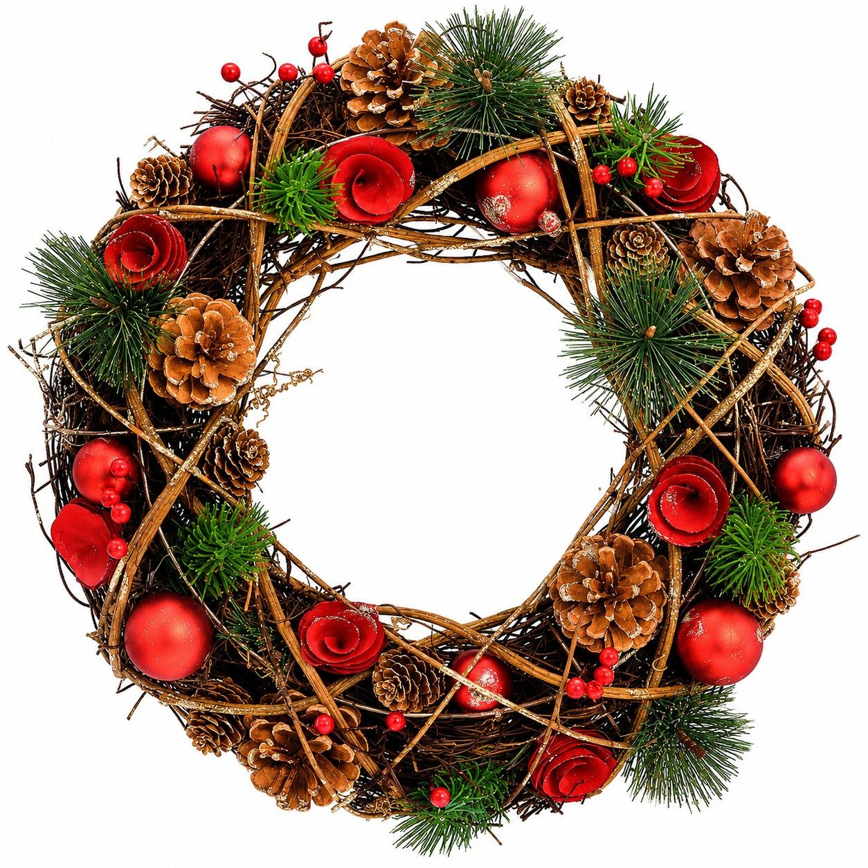 Wurm Dekokranz Weihnachtskranz Türkranz mit Zapfen Beeren & Kugeln Rot Grün 33 cm