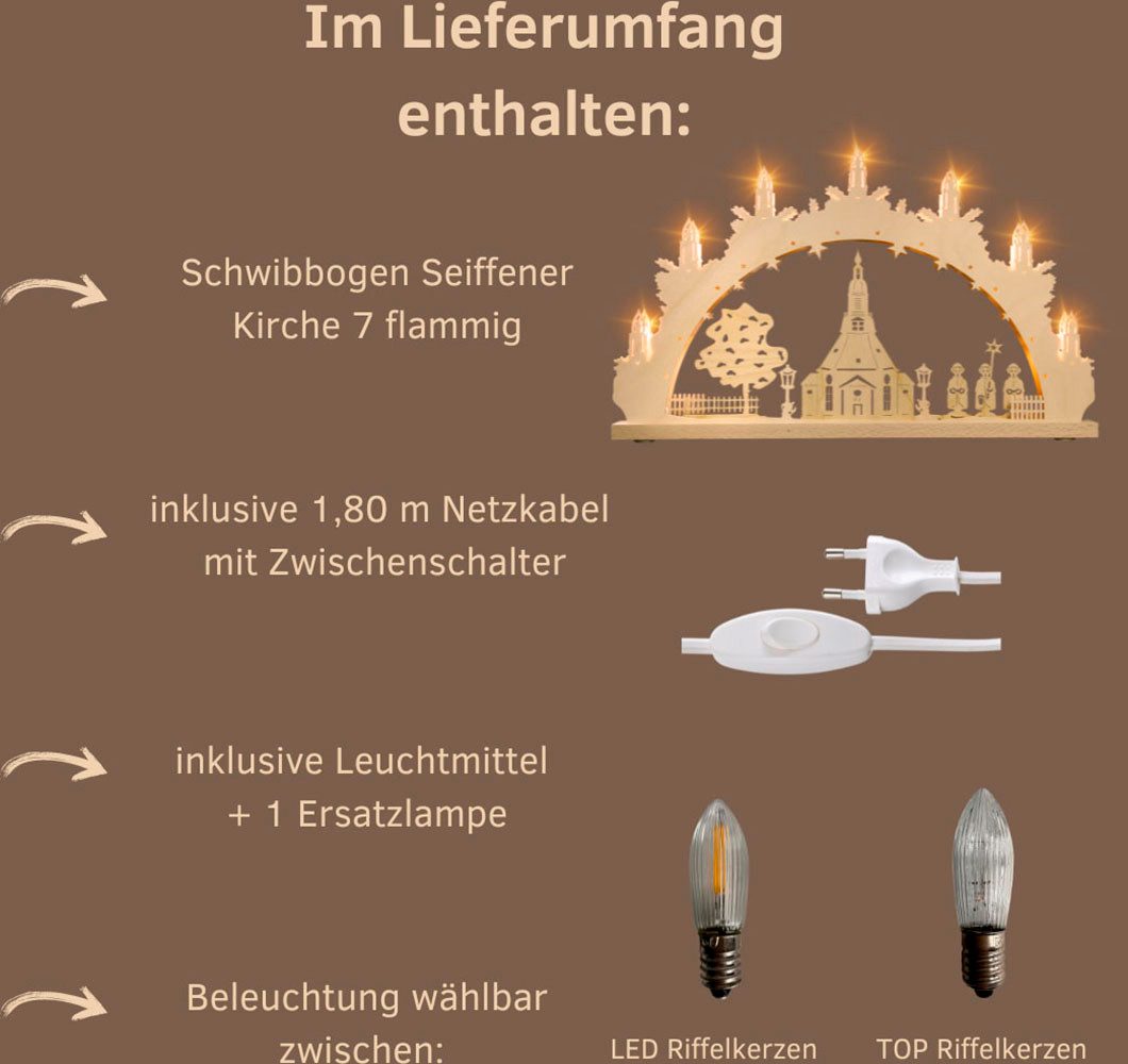 Weigla Schwibbogen Seiffener Kirche, Lichterbogen aus Holz, NATUR, Made in Germany (1-tlg), Erzgebirge garantiert, Weihnachtsdeko Innen, Weihnachtsbeleuchtung