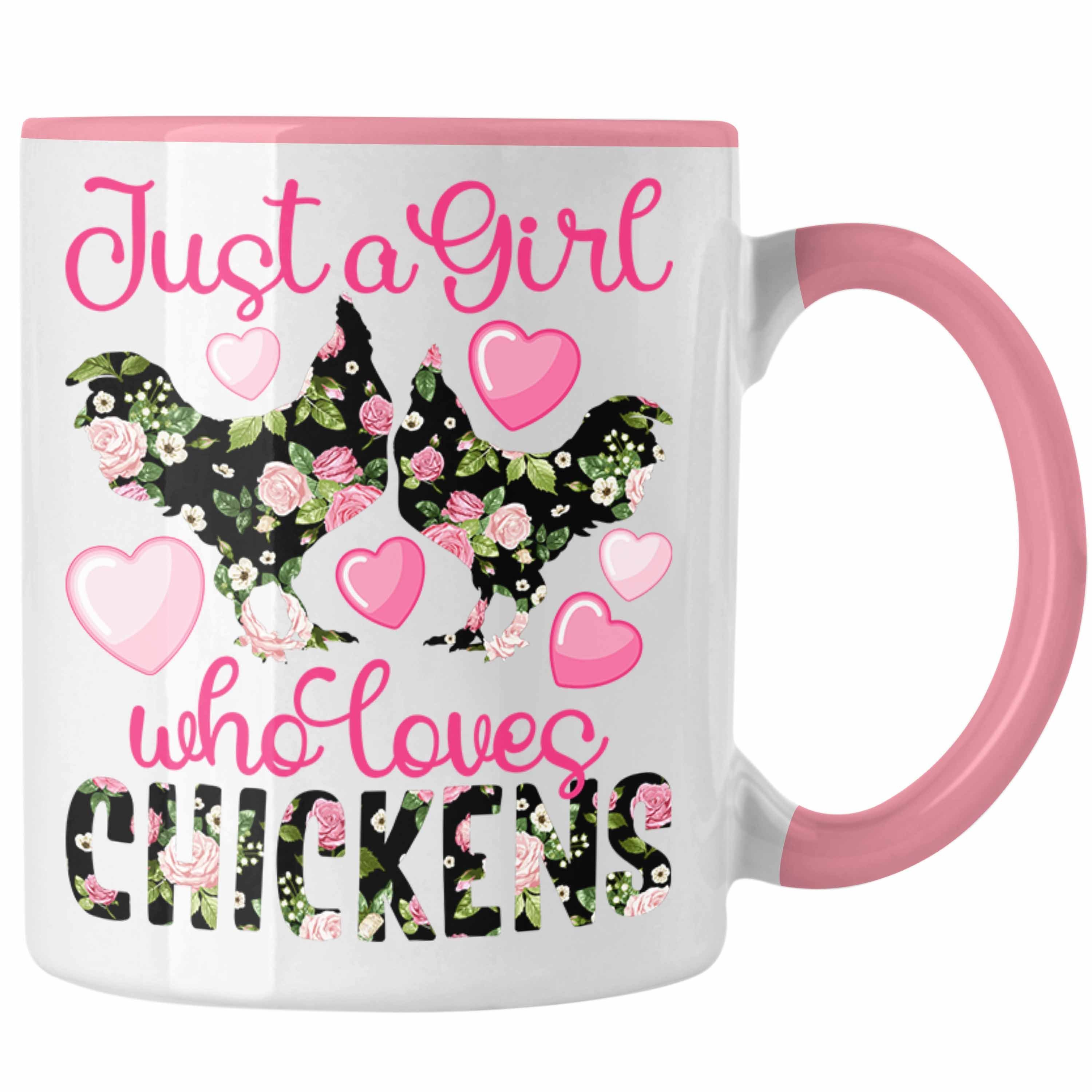Trendation Tasse "Just A Girl Who Loves Chickens" Tasse Geschenk Hühner Liebhaberinnen Rosa