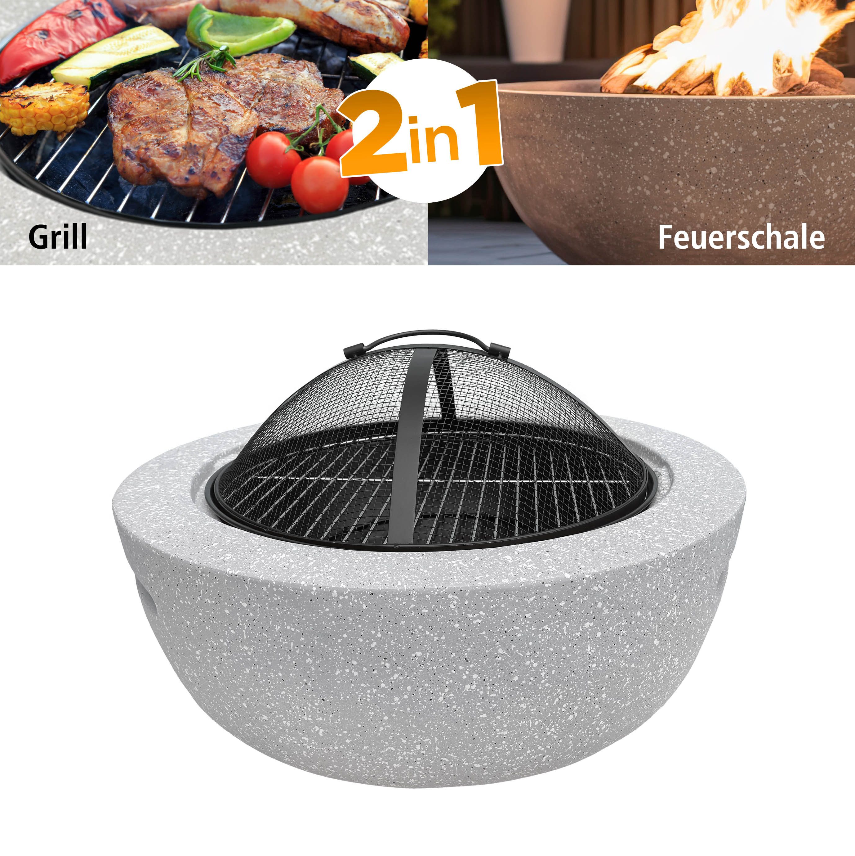 IC Gardenworld 2-in-1 Fire Bowl with Grill Function, Modern Fire Pit, incl. Grill Grate, Spark Screen, Can Be Used as a Grill or Fire Basket