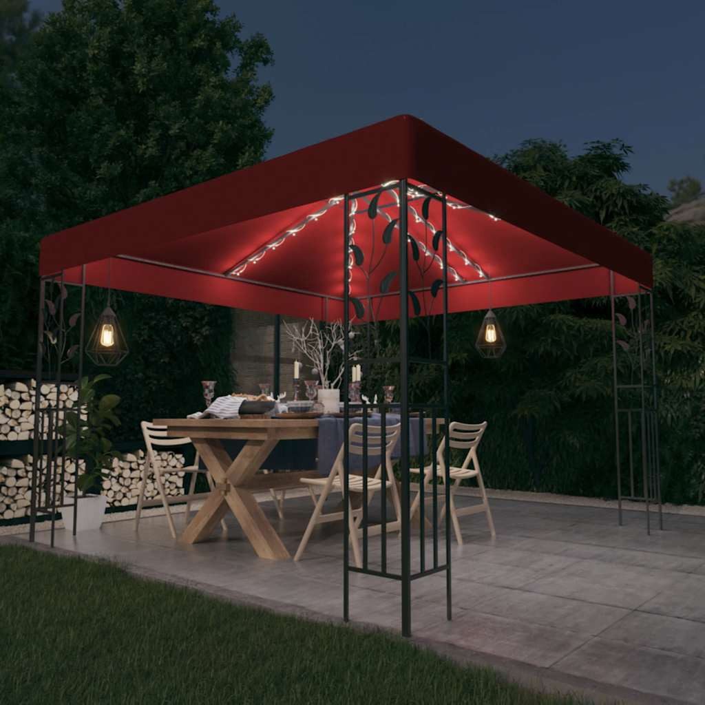 furnicato Pavillon mit LED-Lichterkette 3x3 m Weinrot, UV-beständiges Gartenzelt mit Solar-Lichterkette und Doppeldach