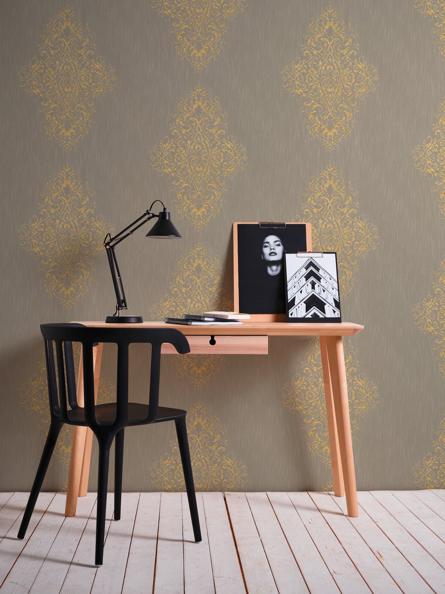 A.S. Création Architects Paper Textiltapete samtig, wallpaper, Metallic Barock, Textil Tapete Effekt Barock Luxury beige/gold