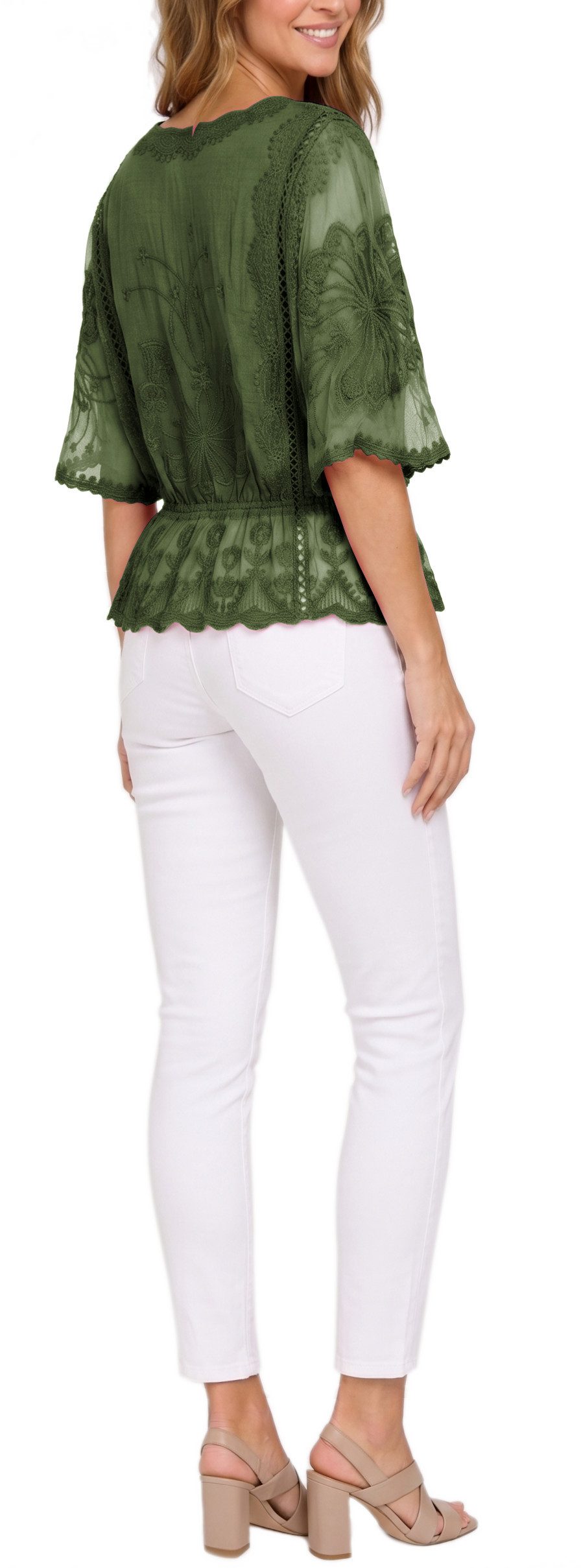 dy_mode Spitzenbluse Damen Sommerbluse mit Spitze Kurzarm Oberteil Einfarbig Transparent in Unifarbe, transparenten Ärmel