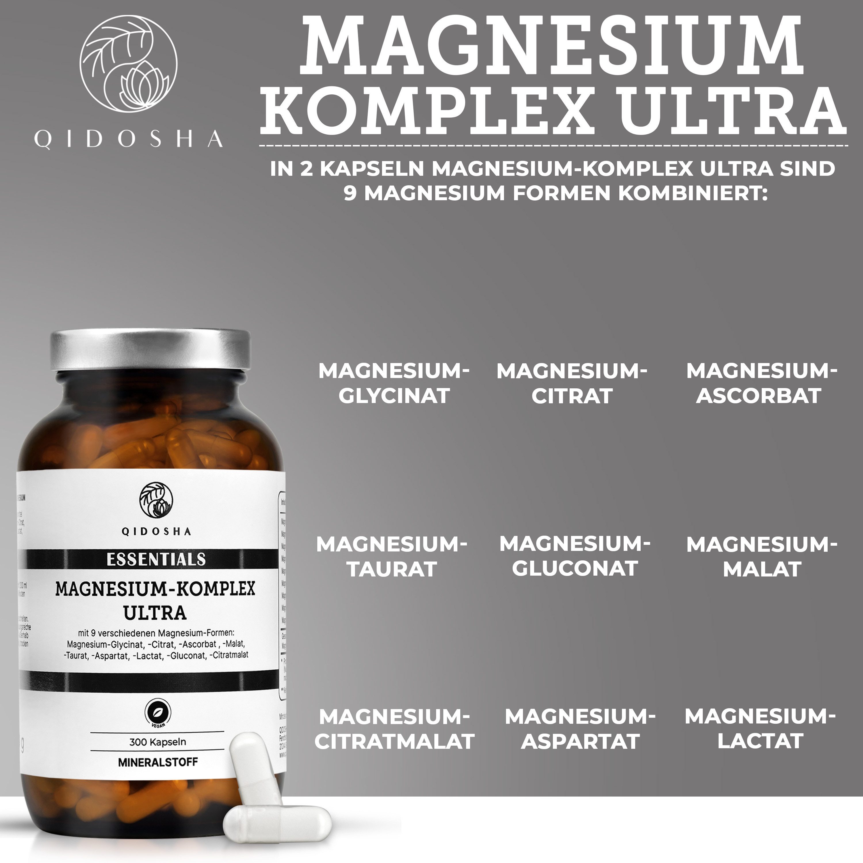 QIDOSHA Magnesium Komplex mit 9 Magnesium-Formen, hochdosiert im Apothekerglas Kapseln, 300mg elementares Magnesium/Tagesportion à 300 St., 180 g