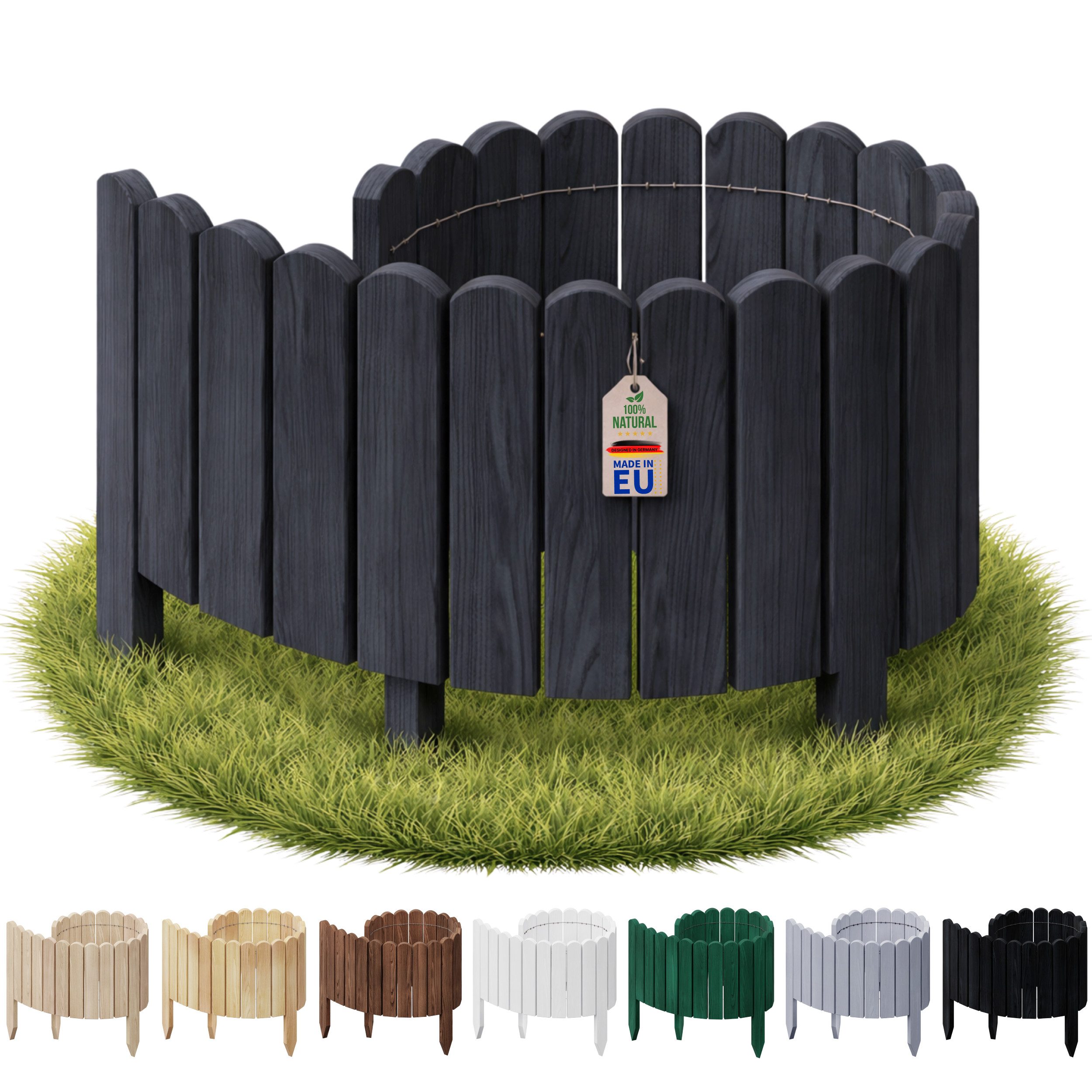 Floranica Palisade Flexible Rasenkante Beeteinfassung Beetumrandung Rasenkante aus Holz, LxH: 100x10 cm, Dunkelgrau, Steckzaun - Umzäunung für Hochbeete Blumenbeeten Wege Rasenbegrenzung