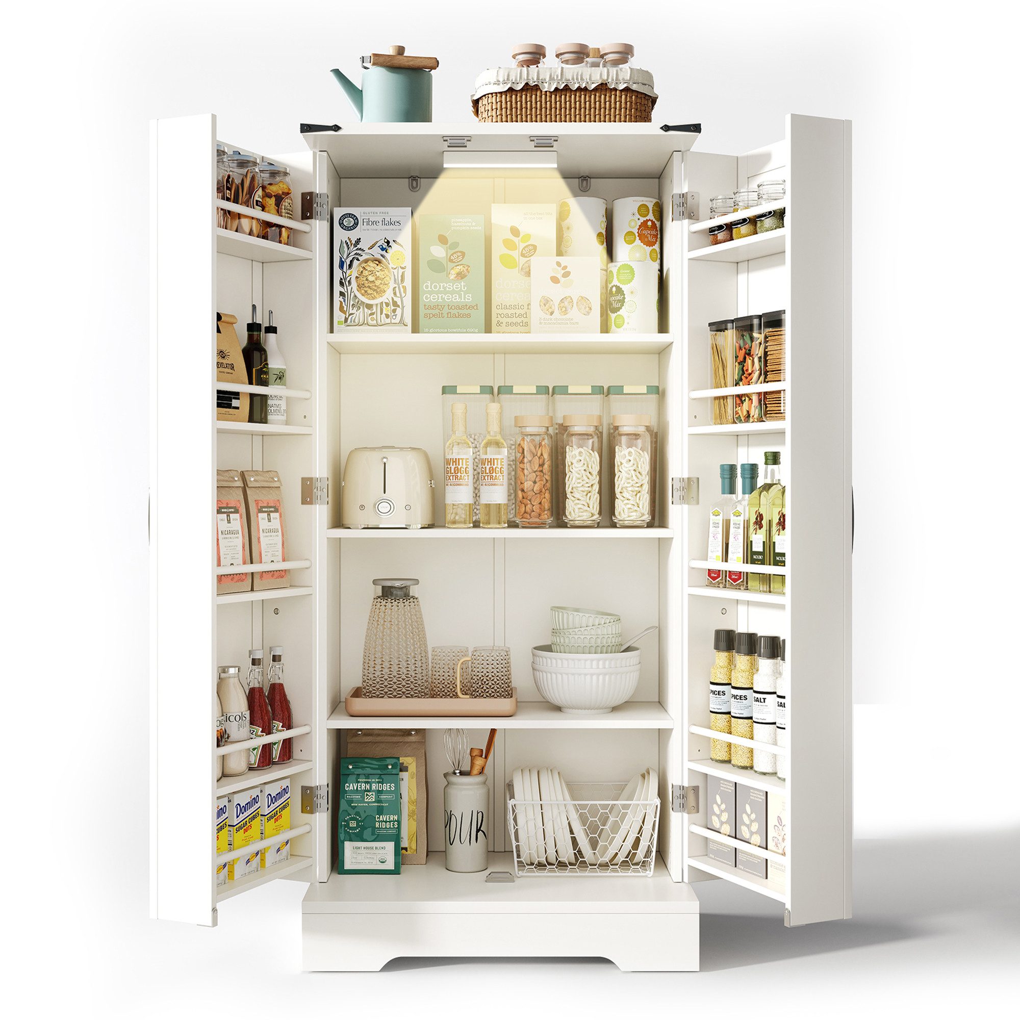 BlingBin Eckschrank Bauernhaus Aufbewahrungsschrank LED-Speiseschrank (1er Set, 1-St., 60 x 35 x 128,5 cm) freistehender Bodenschrank für Küche, Wohnzimmer, Esszimmer