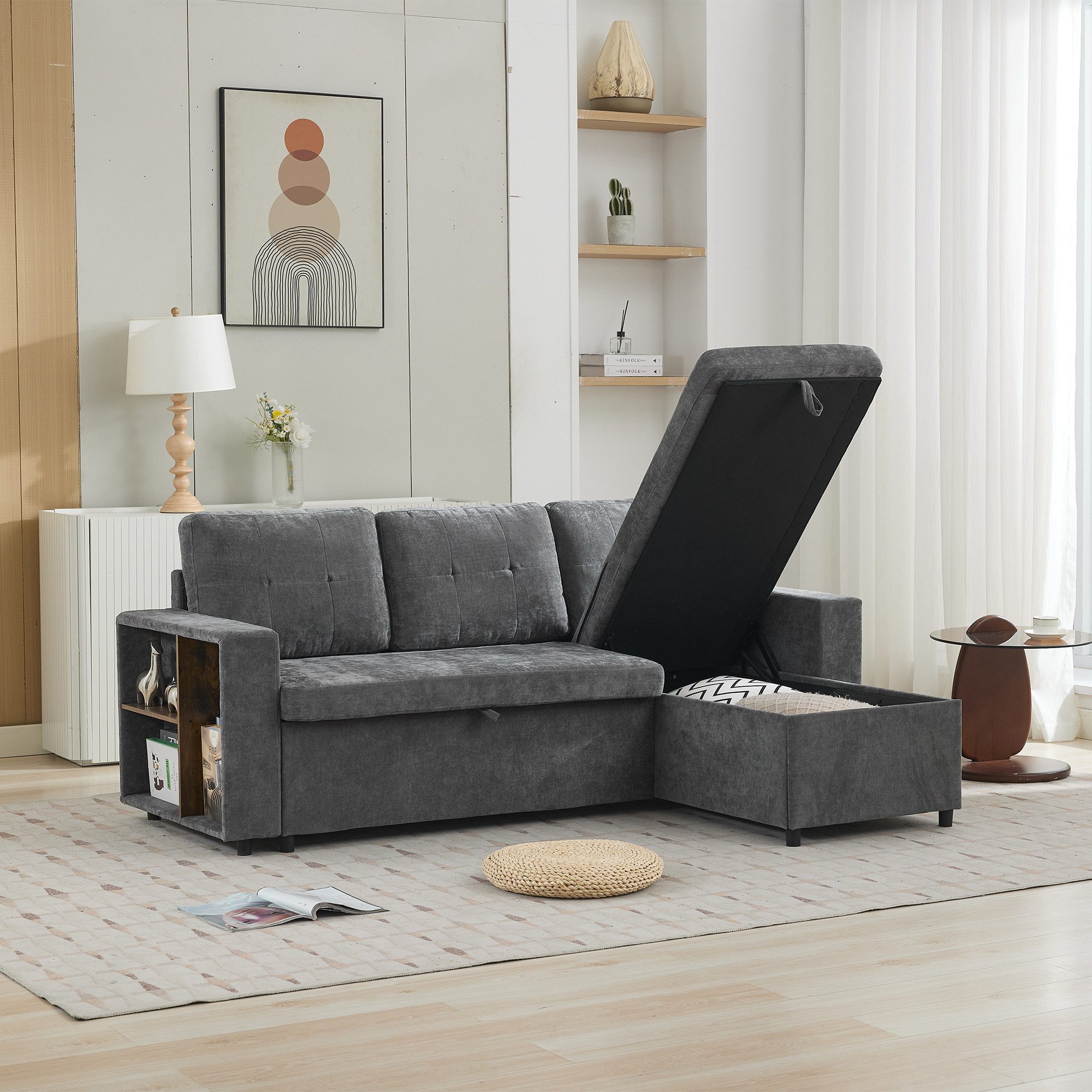 Merax Ecksofa L-förmiges Sofa, Chenille Dreisitzer Couch, links/rechts montierbar, 202 x 136 x 85 cm 1 Teile, Schlafsofa Sofa mit Armlehnenregale, Staufächern & Stauraum