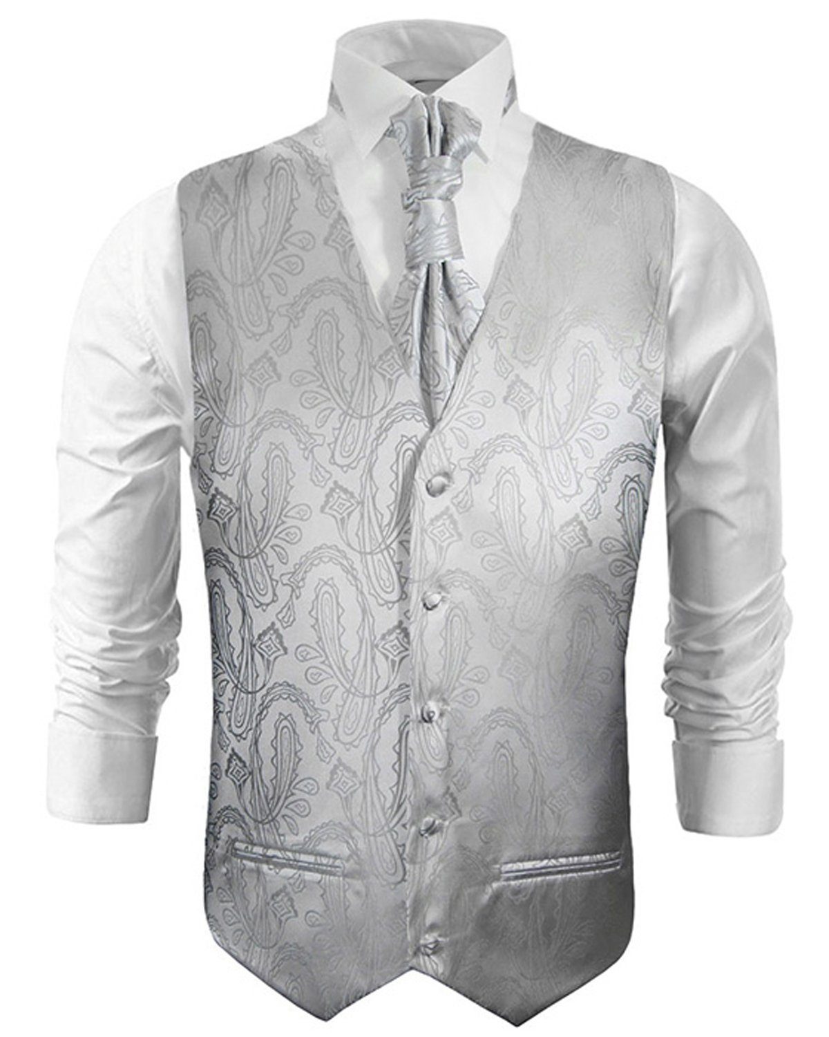 Paul Malone Anzugweste Herren Hochzeitsweste mit Plastron Set 2tlg paisley - Bräutigam (Set, 2-tlg., mit Weste und Plastron) silber grau V3, Gr. 50 (S)