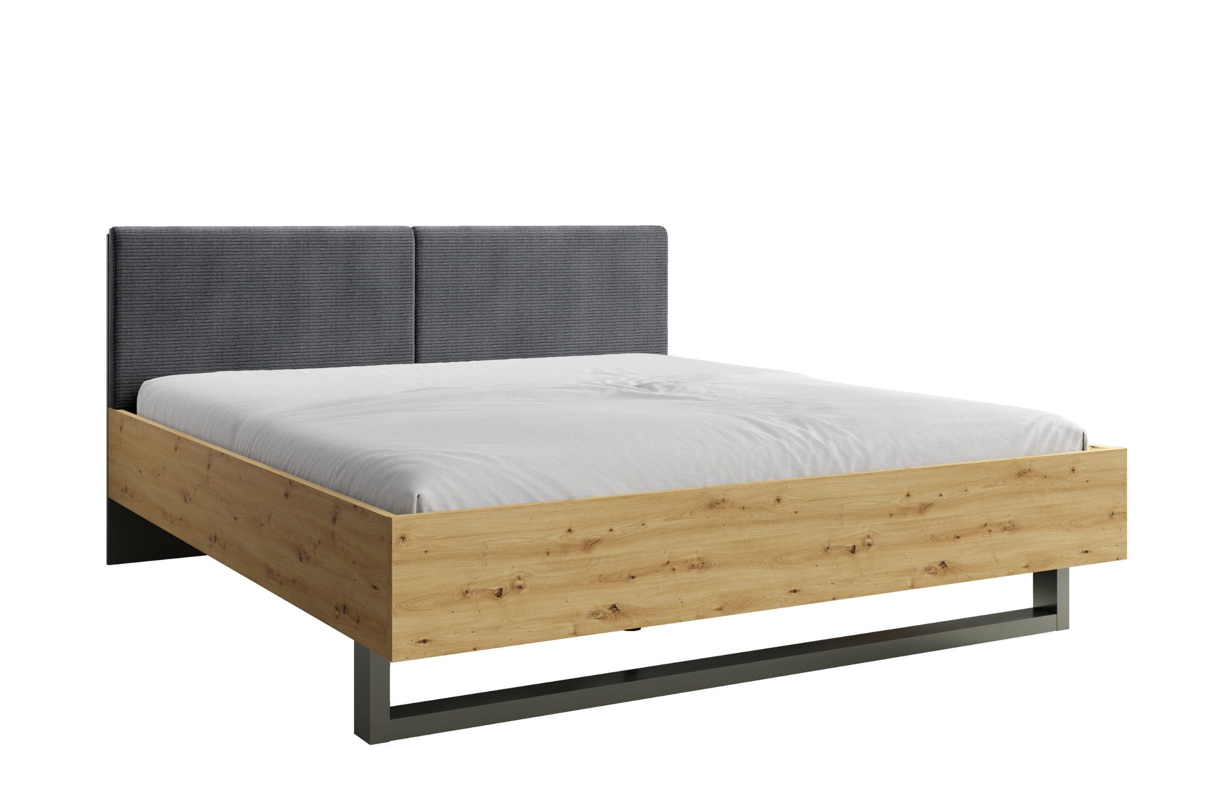 Deine Möbel 24 Bettgestell RON Doppelbett 160x200 / 180x200 cm, modernes Schlafzimmerbett (Set, 1-tlg., stabiles Bett für Schlafzimmer, Teil der RON Möbelserie), Bett mit gepolstertem Kopfteil, Bettgestell in Artisan Eiche / Grau