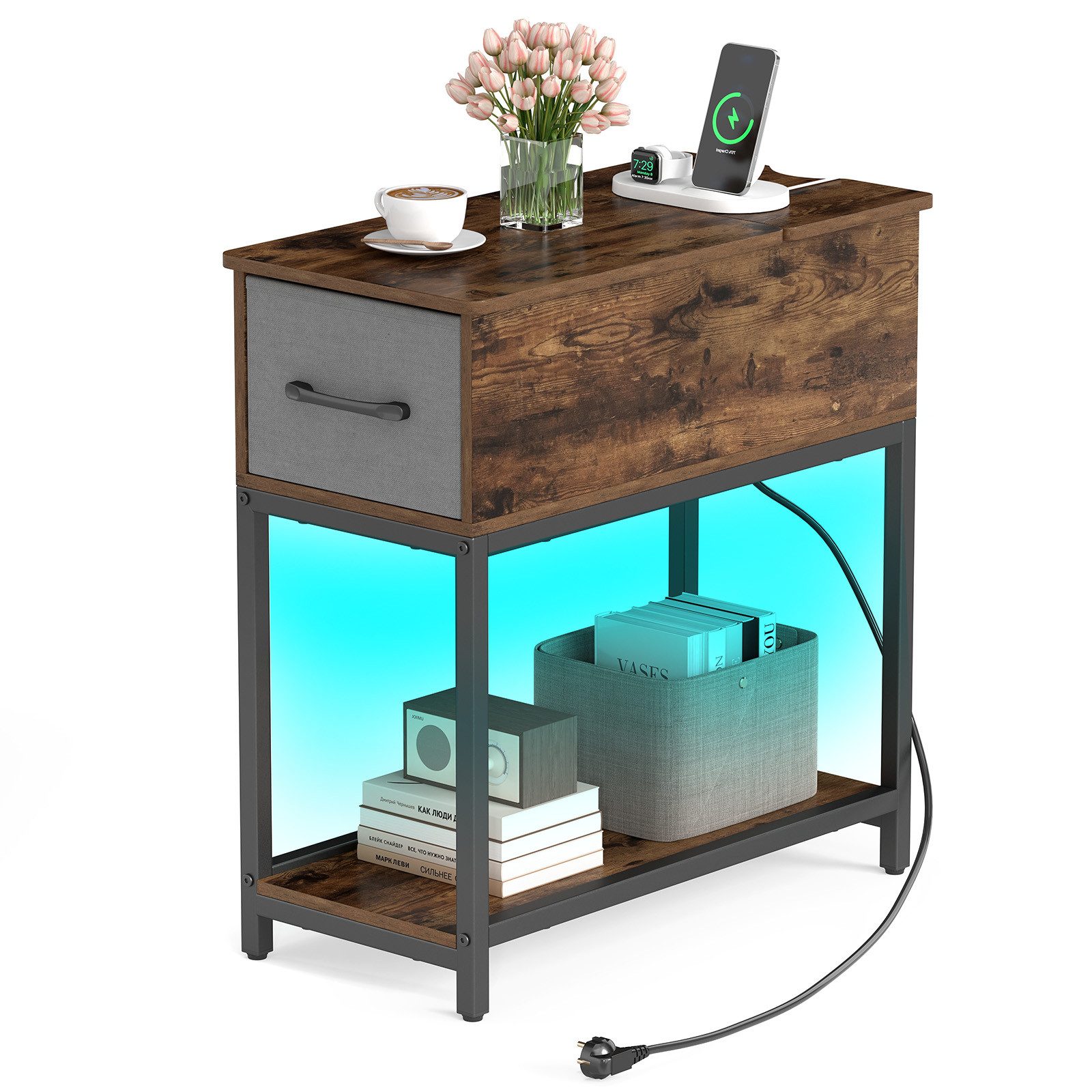 COSTWAY Beistelltisch, mit LED und Ladestation, Nachttisch schmal mit Schublade