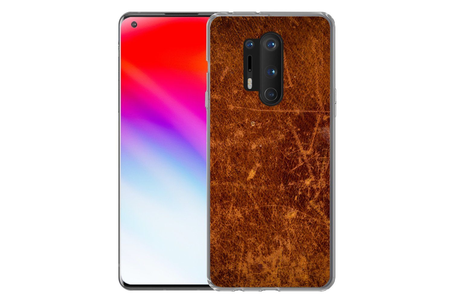 MuchoWow Handyhülle für OnePlus 8 Pro Leder - Lederoptik - Braun - Orange, Phone Case, Silikon, Schutzhülle Dünn