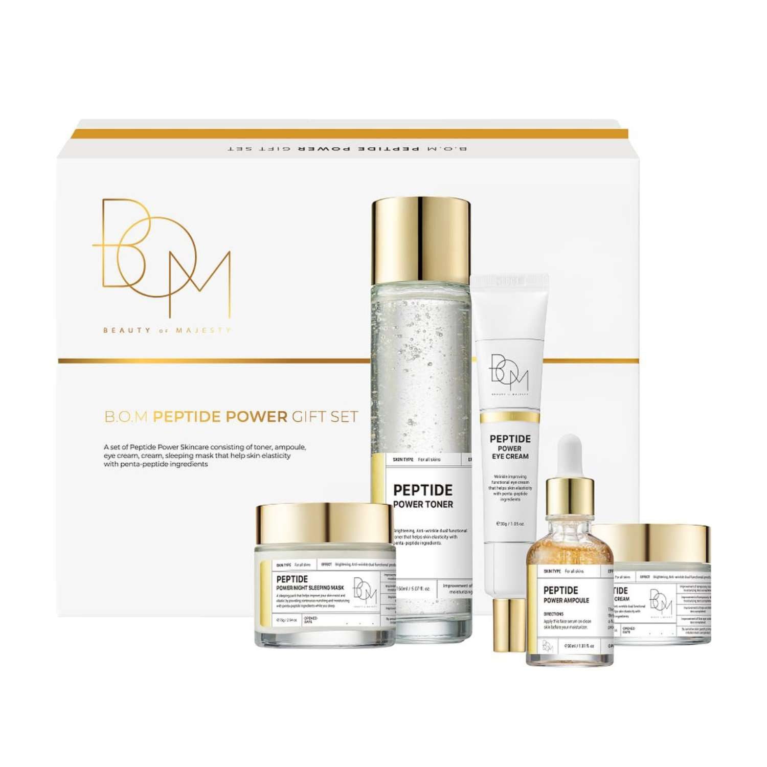 Beauty of Majesty Hautpflege-Set Peptide Power Gift Set 5-teilig – Koreanische Hautpflege mit Penta- Peptiden und 24K Gold, Toner + Ampoule + Cream + Eye, Cream + Sleeping Mask, K-Beauty Anti-Aging Set