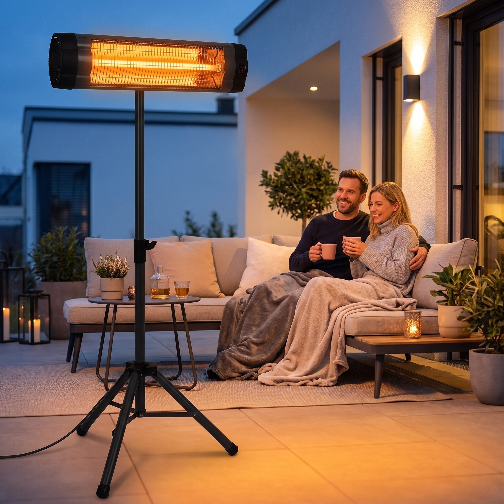 Heidenfeld Heizstrahler Infrarot-Heizstrahler IH100 mit Stativ & Fernbedienung, 3 J. Garantie, 2500 W, Heizstrahler Terrasse, Heizung Wintergarten, Heizung elektro