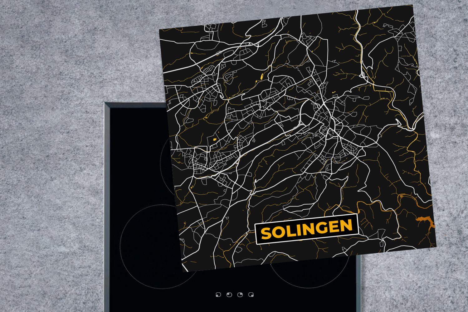 Solingen - cm, Ceranfeldabdeckung, küche Stadtplan Gold MuchoWow (1 Arbeitsplatte tlg), Herdblende-/Abdeckplatte - Karte, - Vinyl, - 78x78 für Deutschland