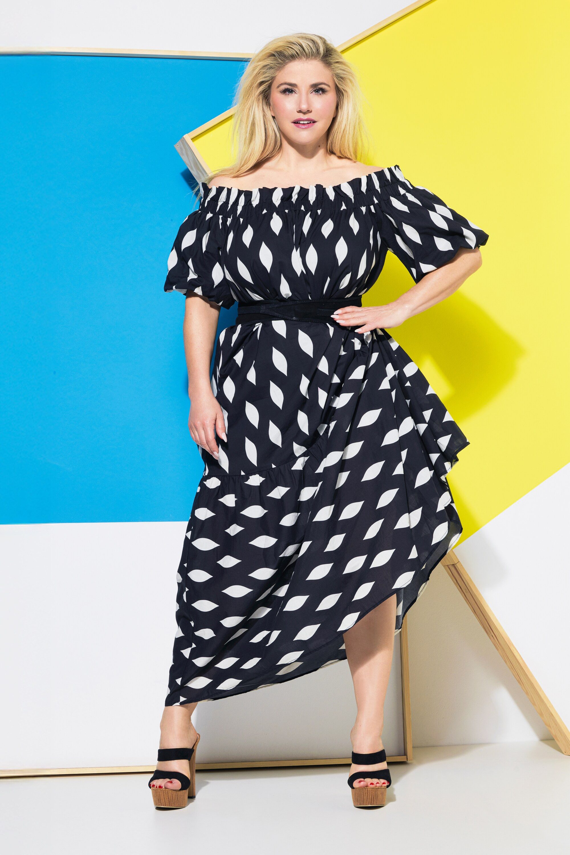 Ulla Popken Midikleid Maxikleid Wabenmuster Carmen-Ausschnitt – Bild 4 von 5