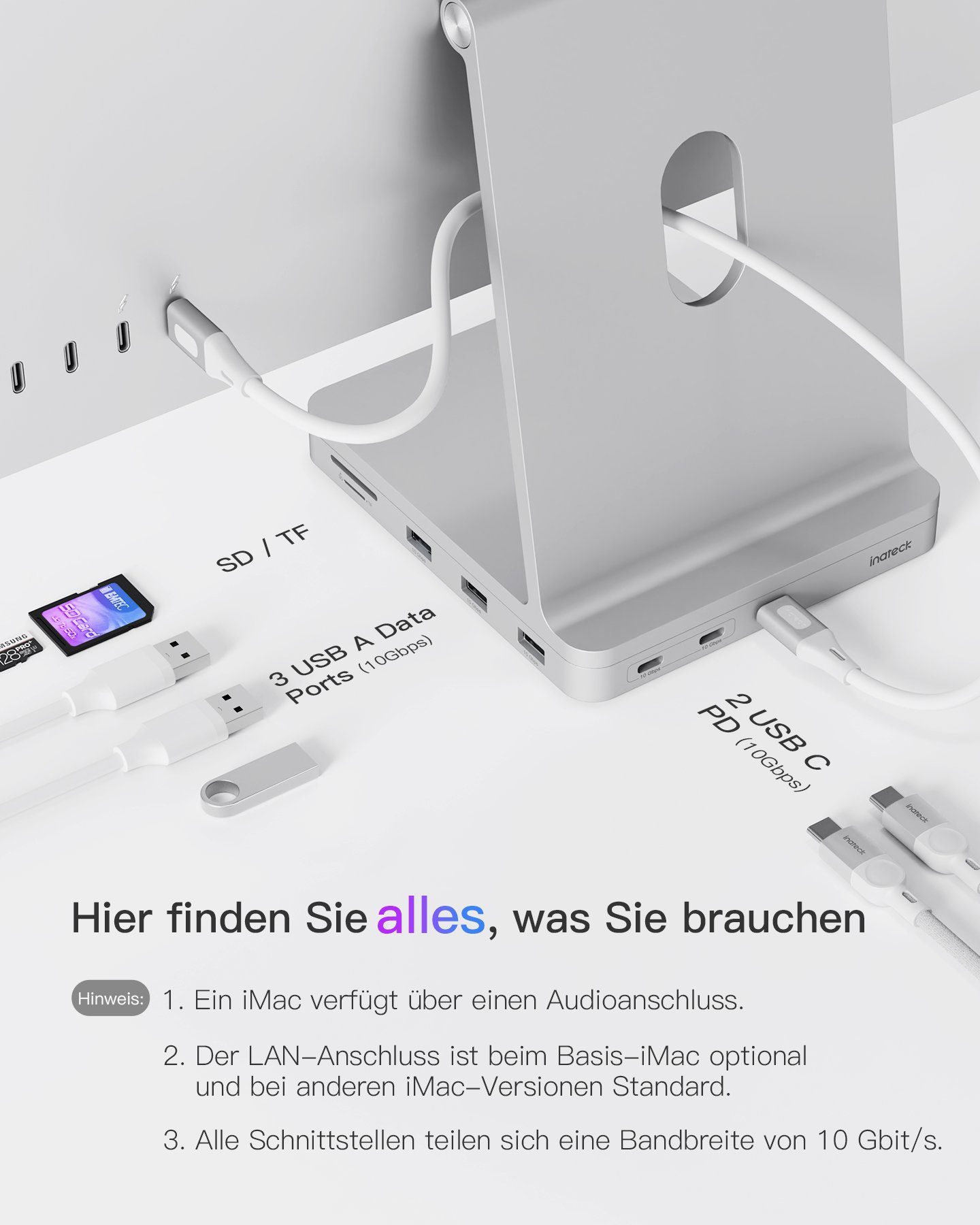 Inateck iMac Docking Station für iMac 24 Zoll M4/M3/M1, 2024/2023/2021 Adapter USB-C zu USB-C