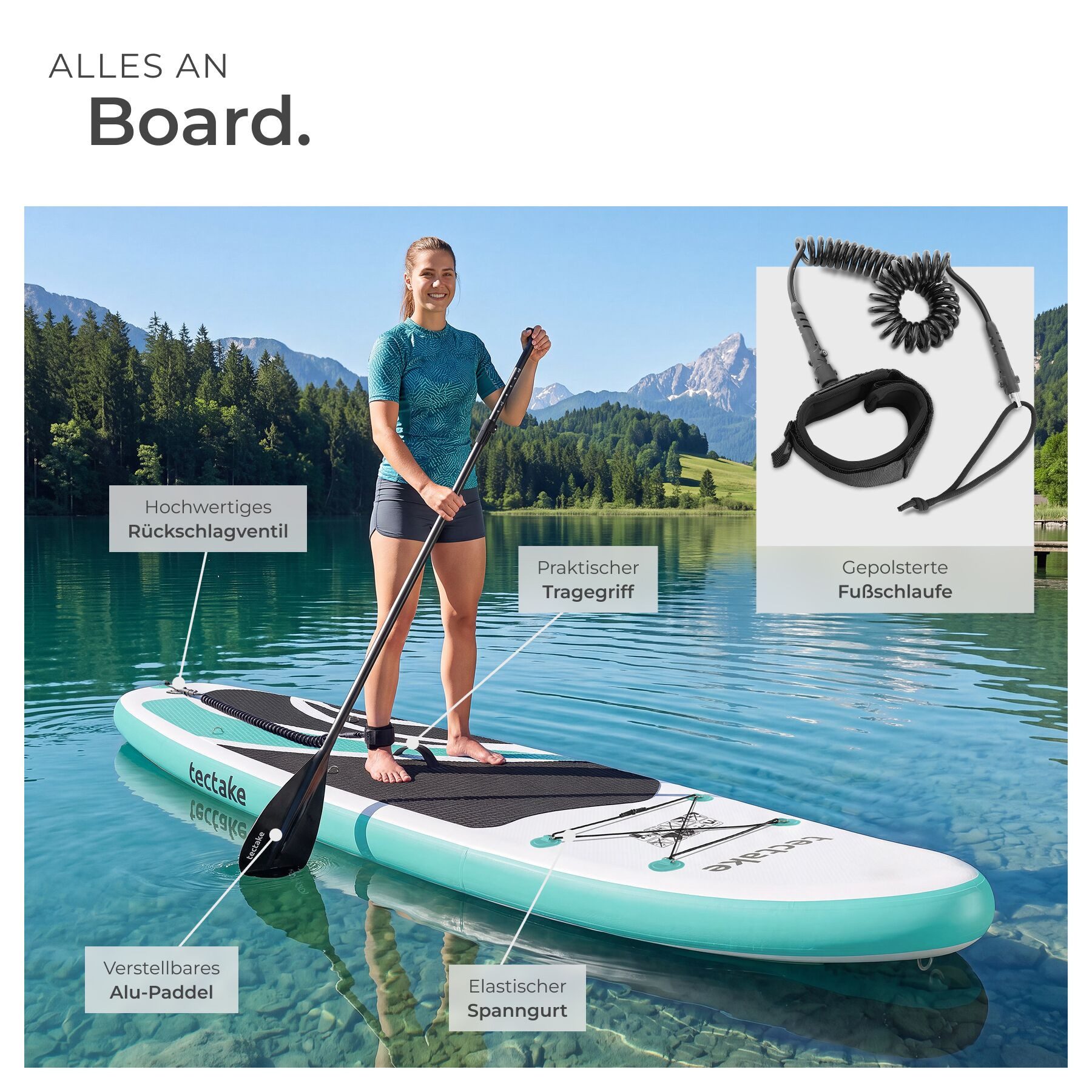 tectake SUP-Board Aufblasbares Paddle Board mit Kajak-Sitz, bis 200 kg, rutschfest, Stand-up Paddle, (Aufblasbares Stand up Paddle Board Zenon, in Weiß/türkis), Verstellbares Doppelpaddel, Inkl. Zubehör für flexiblen Einsatz