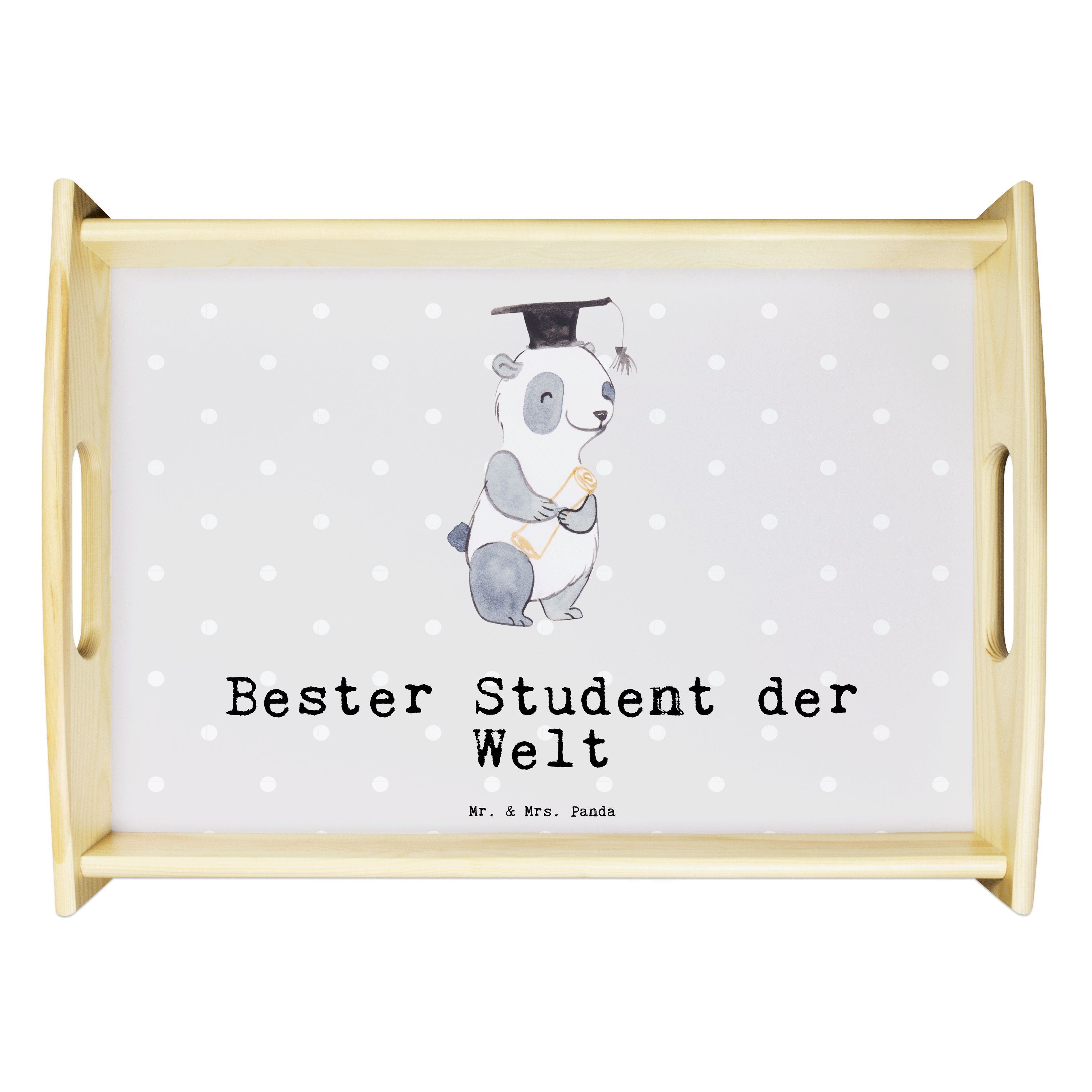 Mr. & Mrs. Panda Tablett Panda Bester Student der Welt - Grau Pastell - Geschenk, Tablett, Frü, Echtholz lasiert, (1-tlg)