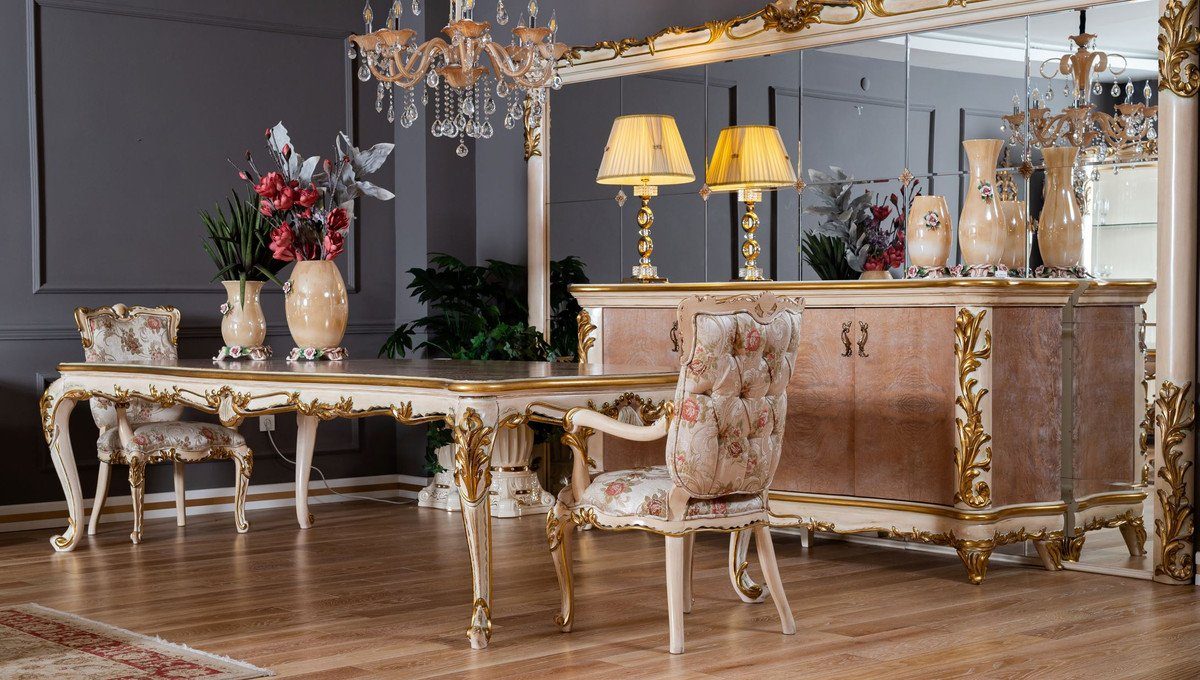 Esstisch - Weiß Padrino Möbel Massivholz Prunkvoller - Casa Esszimmertisch Beige Barock Esstisch Esszimmer / im Luxus Barockstil Barock / Gold