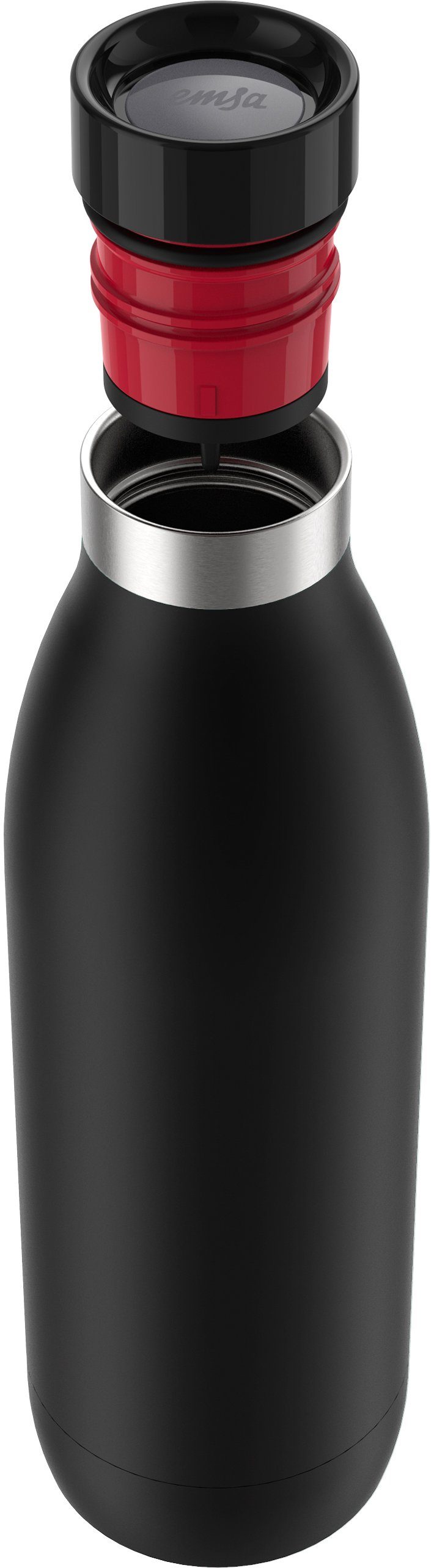 Emsa Trinkflasche Bludrop Edelstahl, warm/24h Deckel, kühl, spülmaschinenfest 12h schwarz Color, Quick-Press