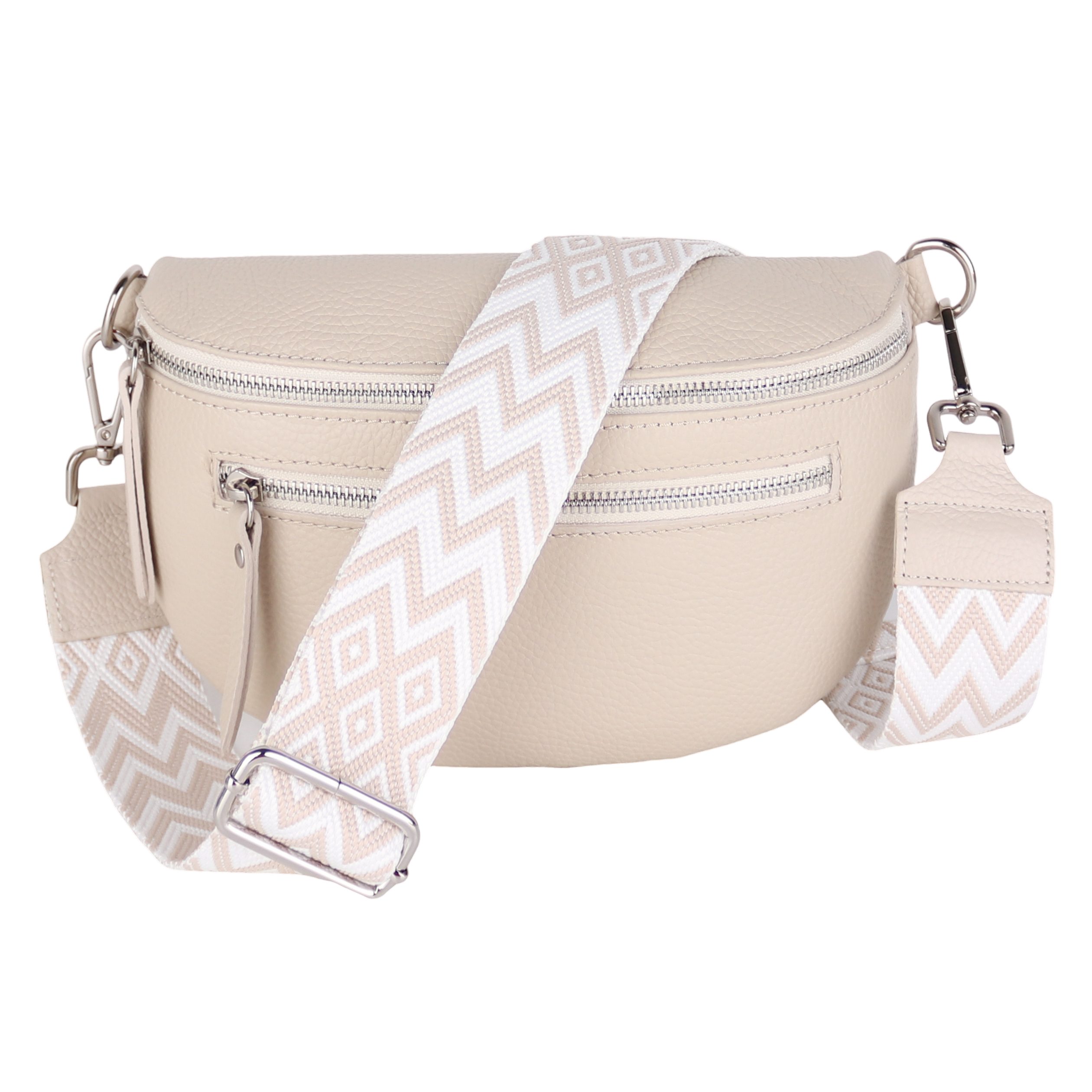 MIRROSI Bauchtasche Damen, Echtleder, Leder, Made in Italy, Umhängetasche, Brusttasche, (Schultertasche für jeden Anlass (1 Tasche & 2 Gurt), Mit zwei Reißverschlüssen, Gr.M 27x14x8cm oder Gr.L 27x20x9cm), Beige Crossbody Bag, gemusterten& verstellbaren Schulterriemen