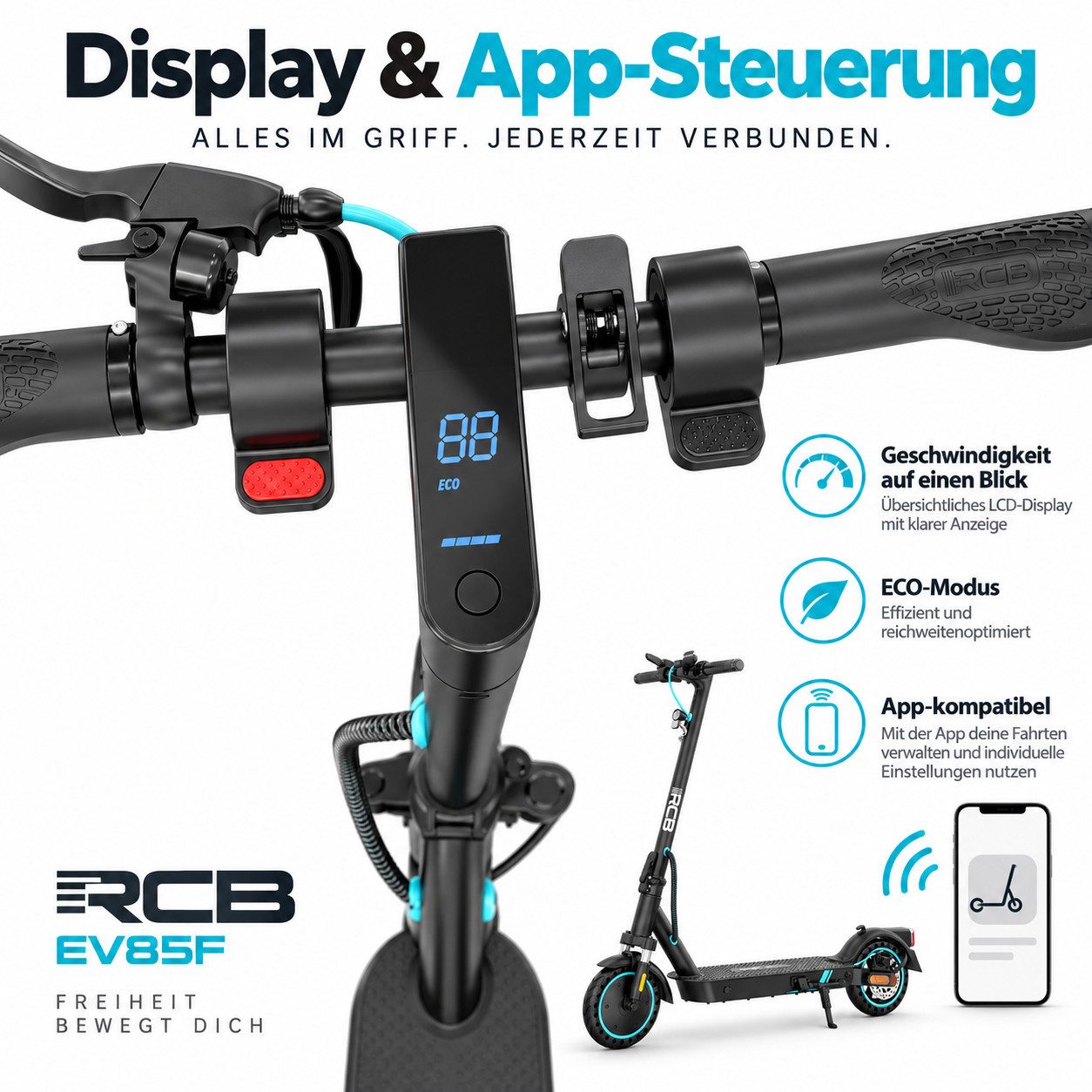 RCB E-Scooter 8.5 Zoll Elektroroller 400W Motor bis zu 30km mit Straßenzulassung, 20.00 km/h, APP-Funktion,Federungssystem, 15 kg Nettogewicht, faltbar – Bild 3 von 5