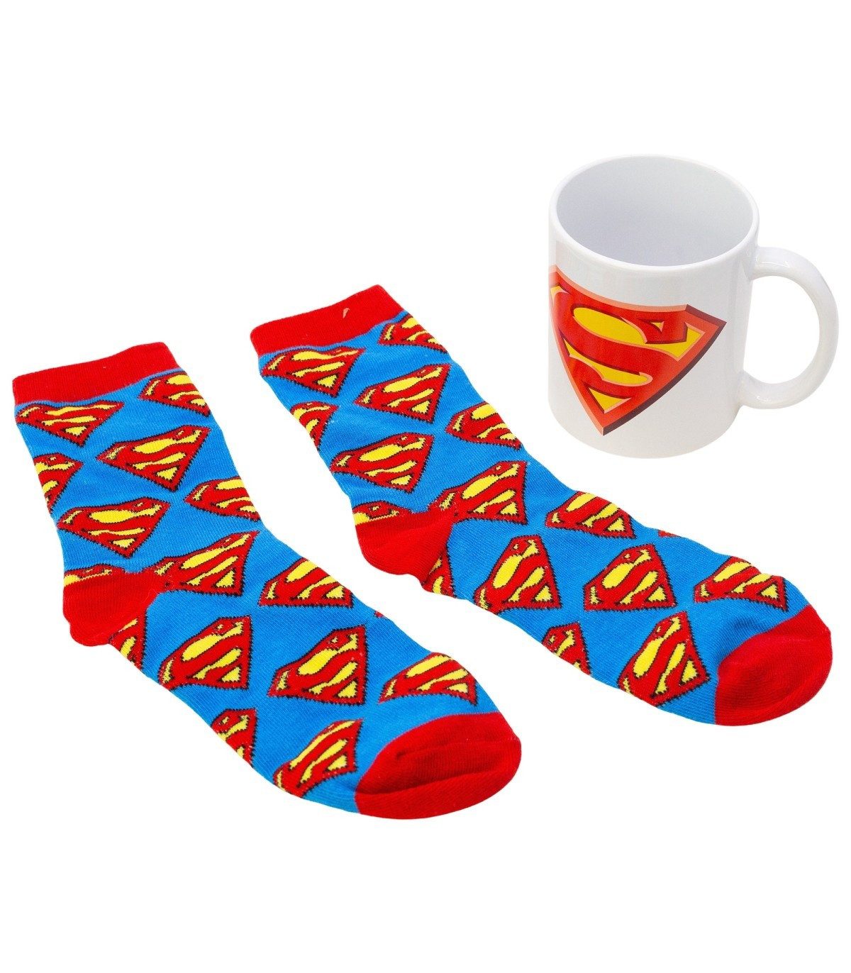 Superman Tasse Geschenkset mit Keramiktasse und Socken Größe 31 bis 38, 2-tlg., Keramik, Textil